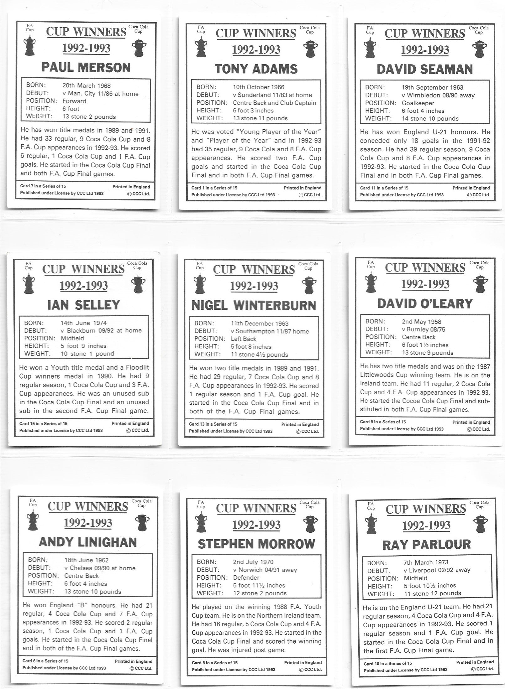 ARSENAL - CUP WINNERS 1992/1993 - KOMPLETT SETT