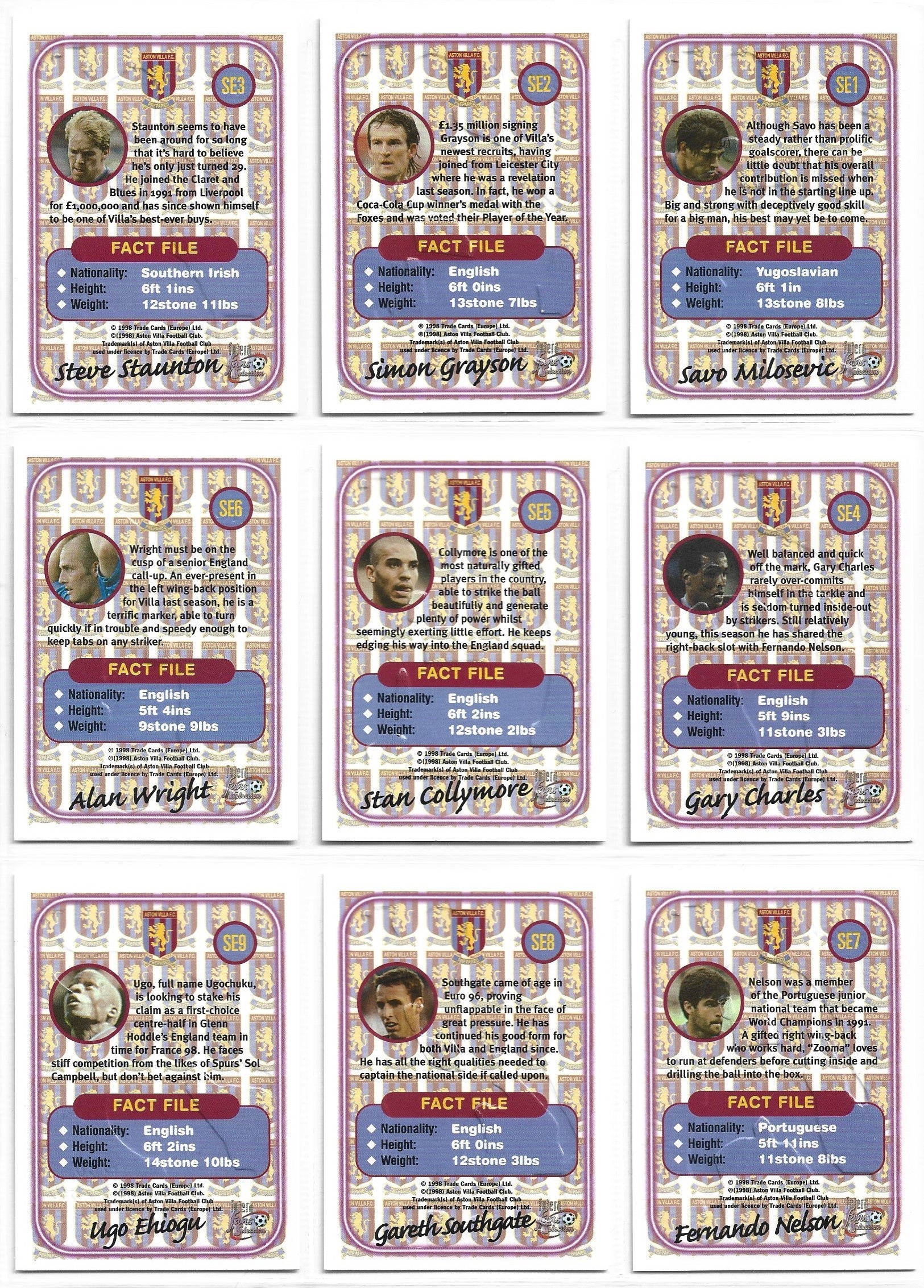 ASTON VILLA - FUTERA FANS SELECTION 1997/98 - SPECIAL EDITION - EMBOSSED CARDS