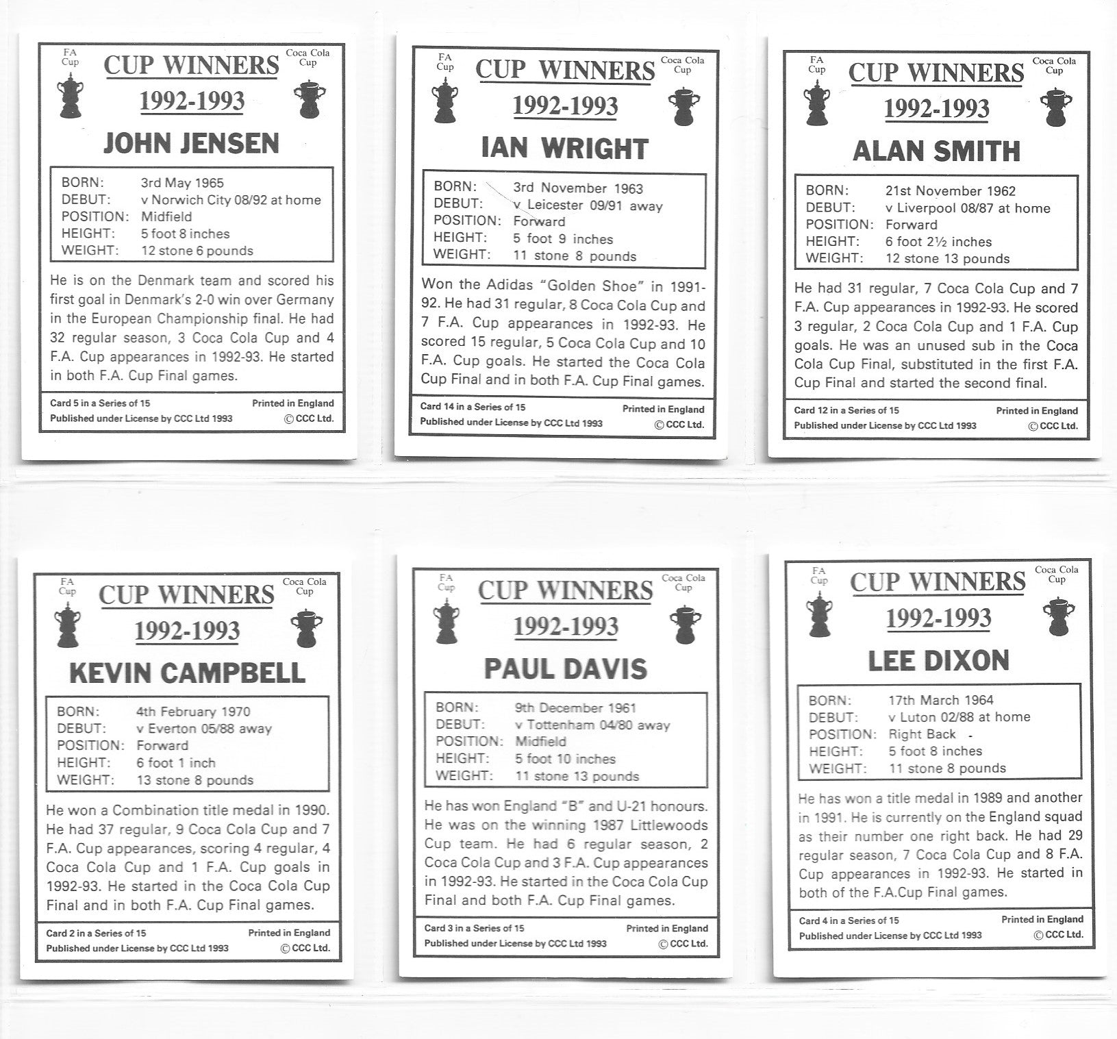 ARSENAL - CUP WINNERS 1992/1993 - KOMPLETT SETT