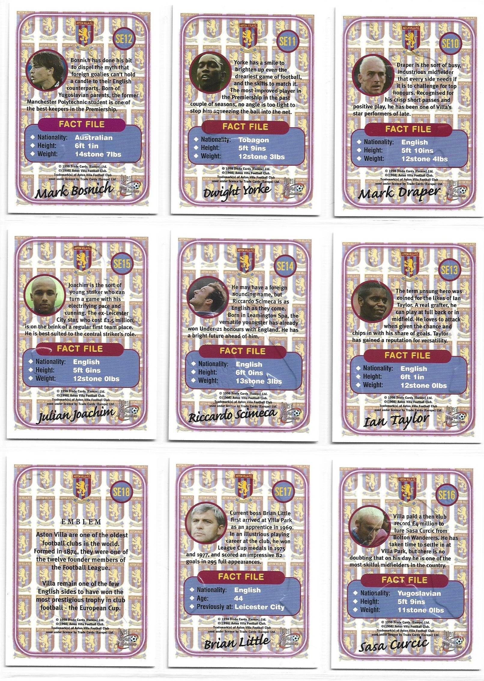 ASTON VILLA - FUTERA FANS SELECTION 1997/98 - SPECIAL EDITION - EMBOSSED CARDS
