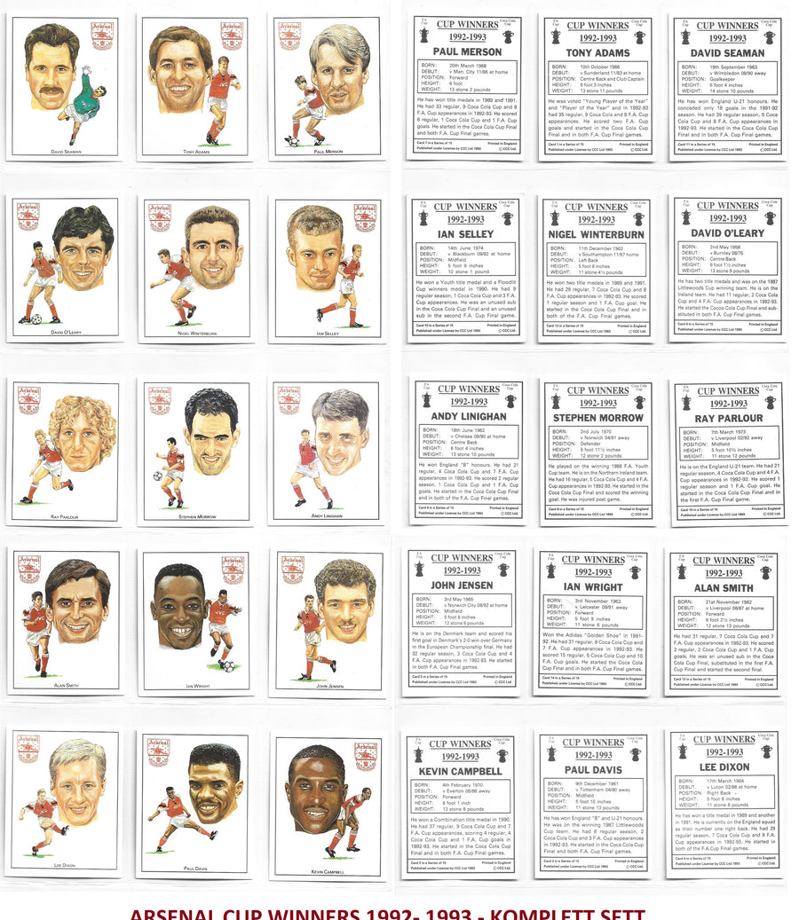 ARSENAL - CUP WINNERS 1992/1993 - KOMPLETT SETT