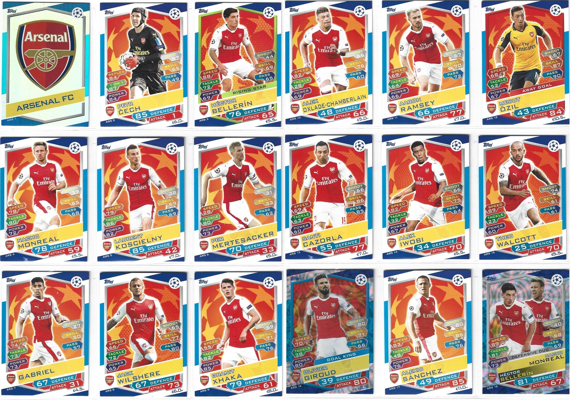 000. ARSENAL - KOMPLETT LAGSETT - TOPPS CHAMPIONS LEAGUE 2015/16