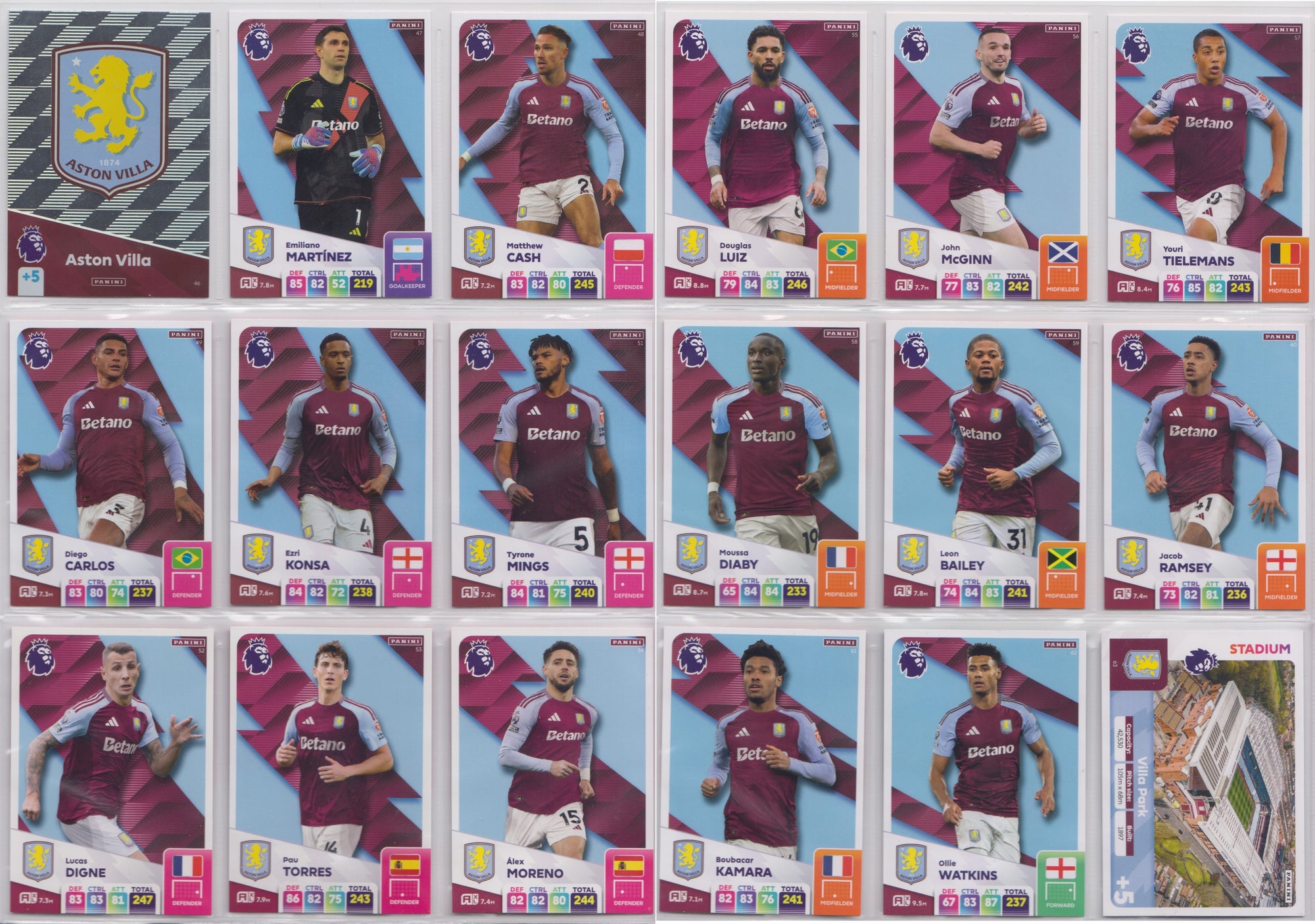 ASTON VILLA - KOMPLETT LAGSETT - PANINI ADRENALYN XL PREMIER LEAGUE 2024/25