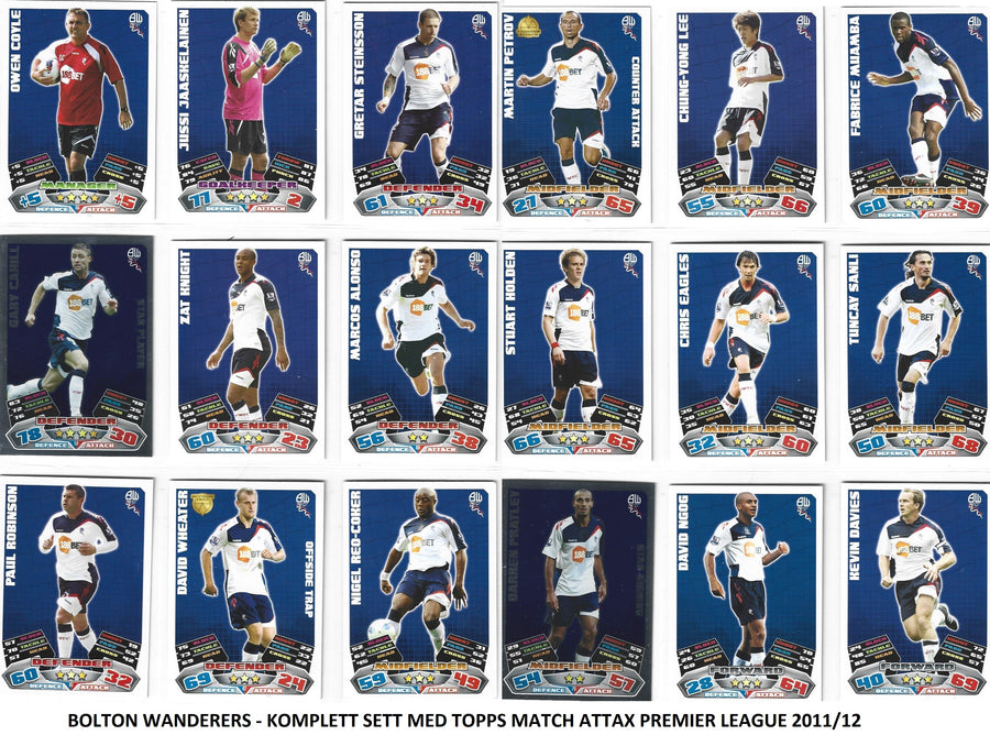 000. BOLTON WANDERERS - KOMPLETT SETT MED TOPPS MATCH ATTAX PREMIER LEAGUE 2011/12