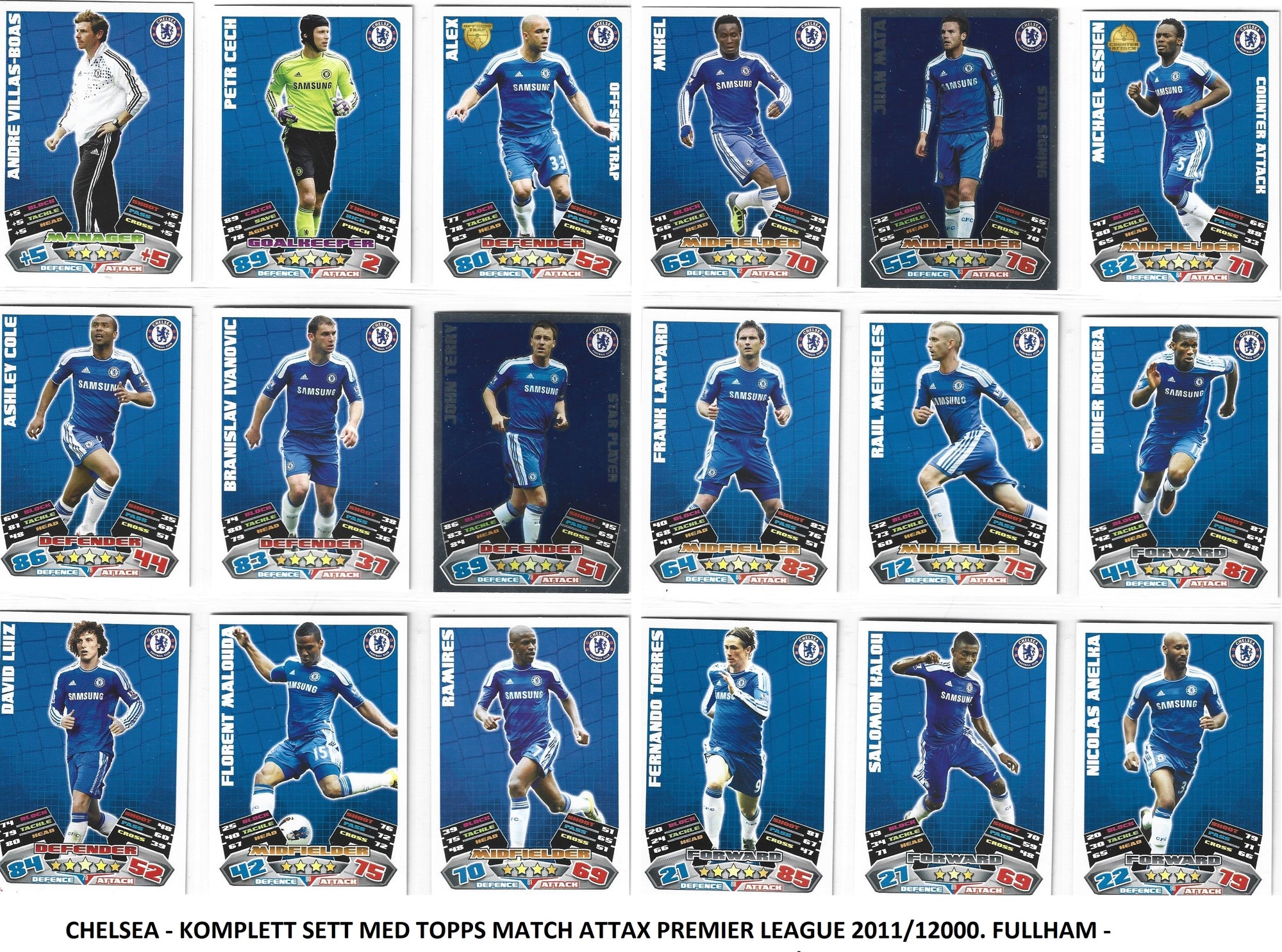 000. CHELSEA FC - KOMPLETT SETT MED TOPPS MATCH ATTAX PREMIER LEAGUE 2011/12
