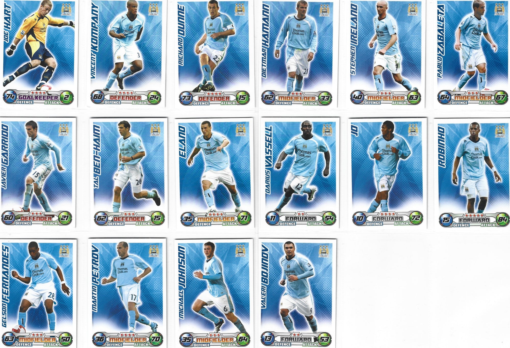 000. MANCHESTER CITY - KOMPLETT SETT MED FOTBALLKORT FRA MATCH ATTAX 2008/09