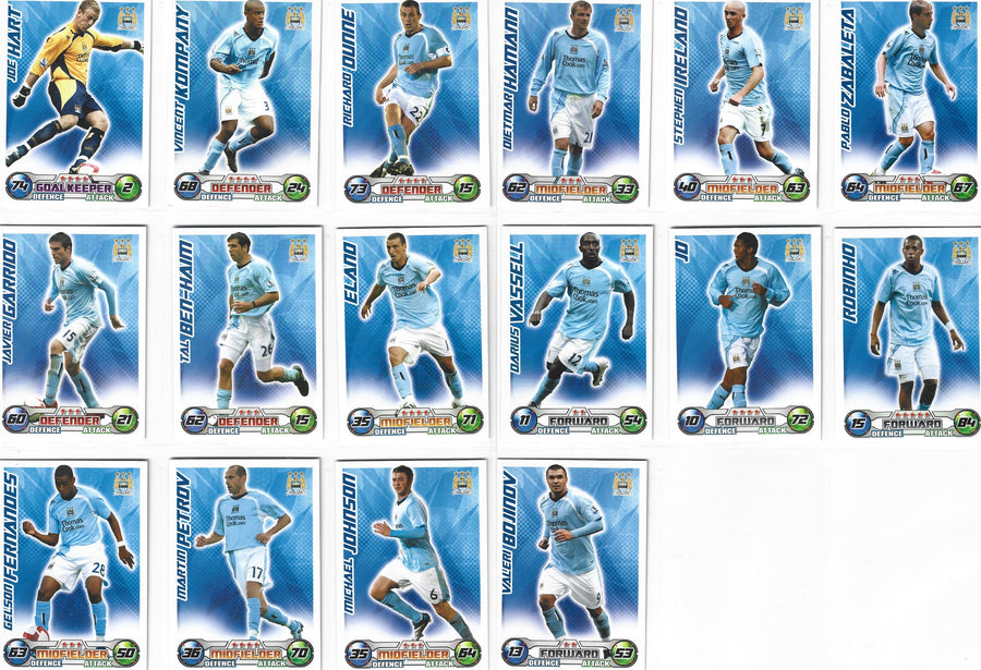 000. MANCHESTER CITY - KOMPLETT SETT MED FOTBALLKORT FRA MATCH ATTAX 2008/09