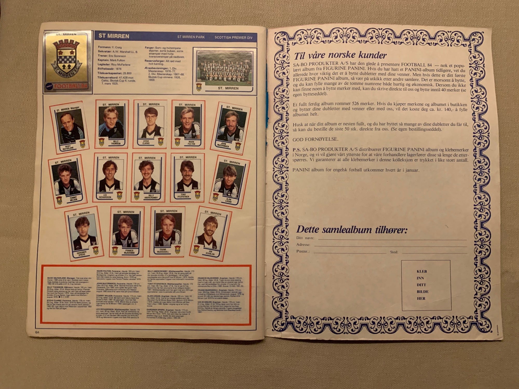 PANINI`S FOOTBALL 84 - KOMPLETT ALBUM