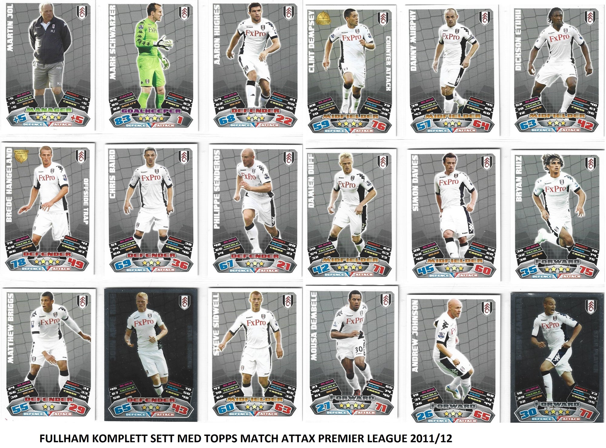 000. FULLHAM - KOMPLETT SETT MED TOPPS MATCH ATTAX PREMIER LEAGUE 2011/12