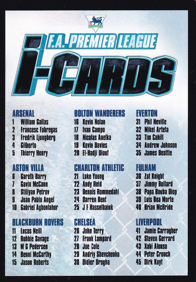 101. F.A. PREMIER LEAGUE - i-CARDS - CHECK LIST