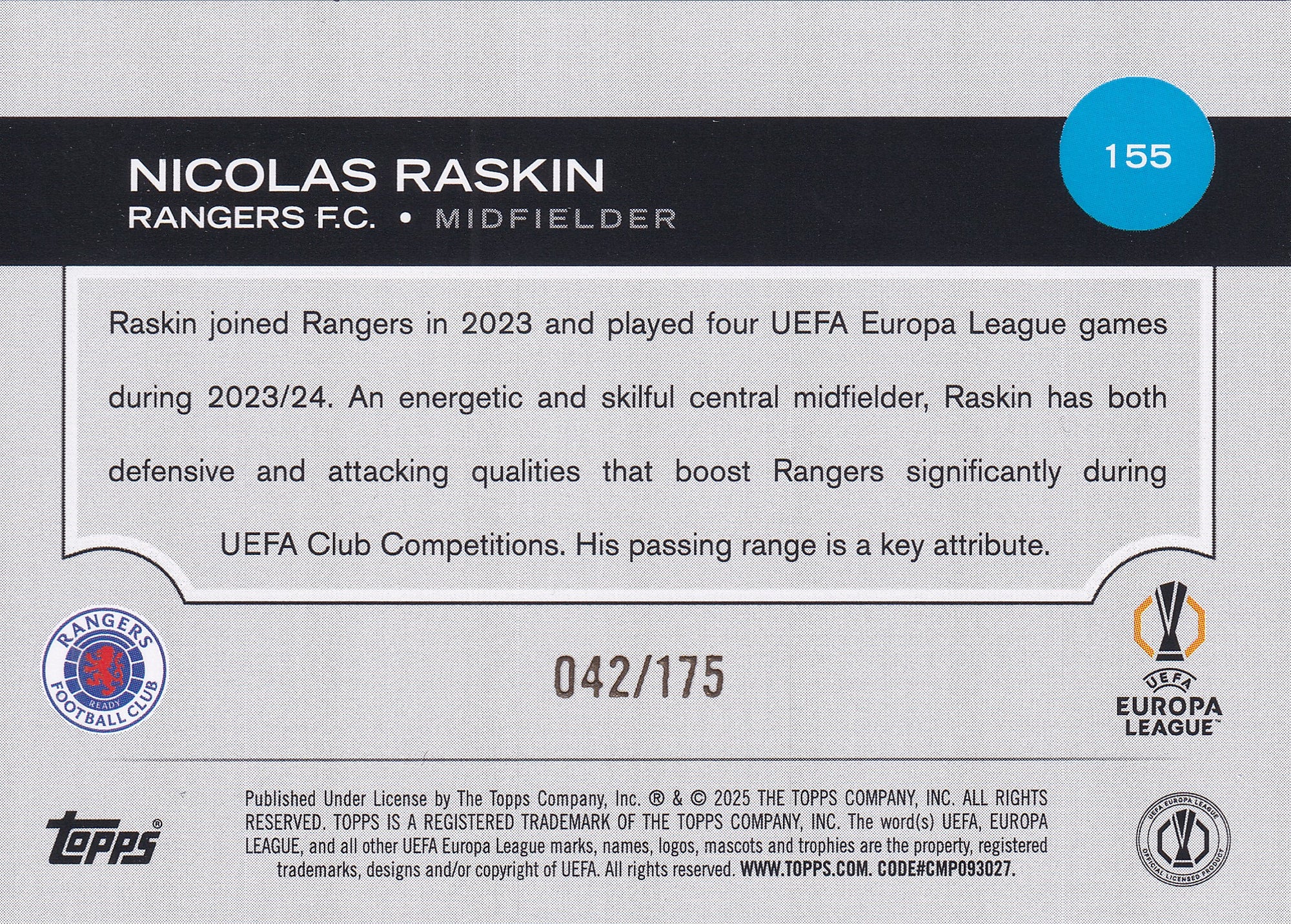 155. NICOLAS RASKIN - RANGERS - YELLOW FOILBOARD - #175