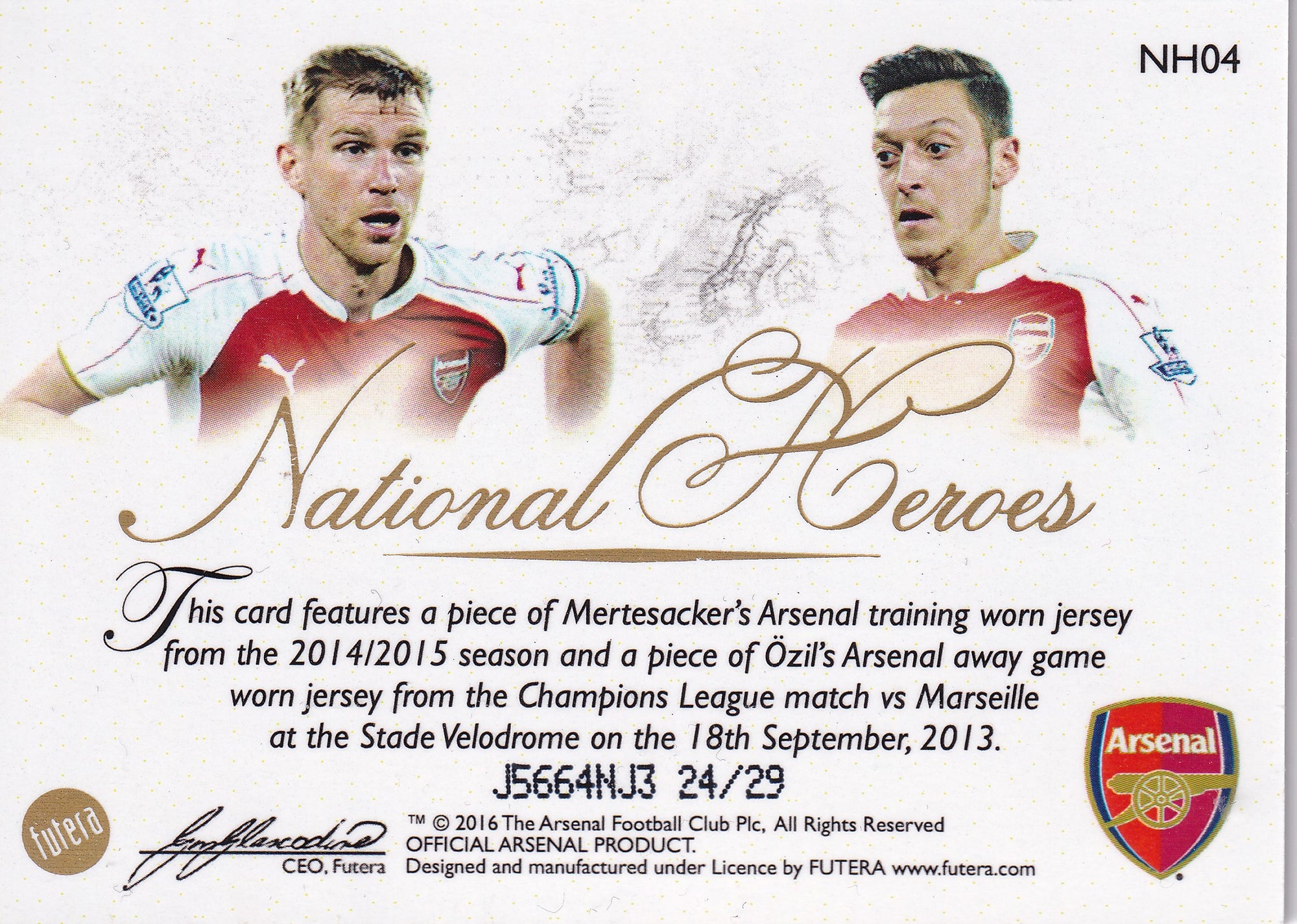 NH 004 . PER MERTESACKER & MEZUT ØZIL - NATIONAL HEROS - FUTERA 2016 MEMORABLE - "GAME USED MEMORABILIA" #29