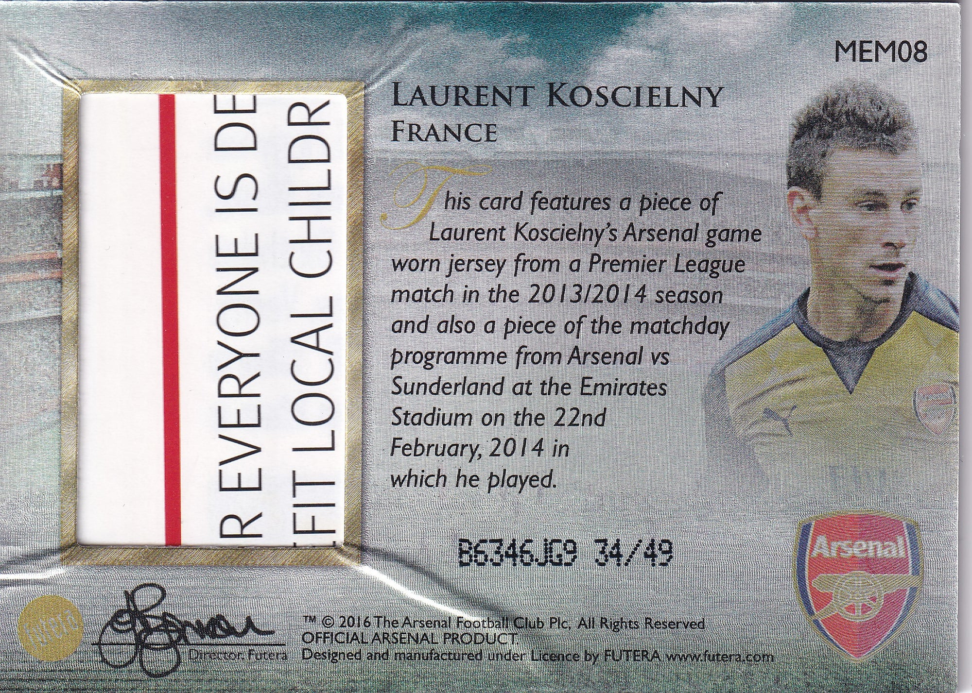 MEM08 - LAURENT KOSCIELNY - ARSENAL - FUTERA MEMORABLE - #34/49