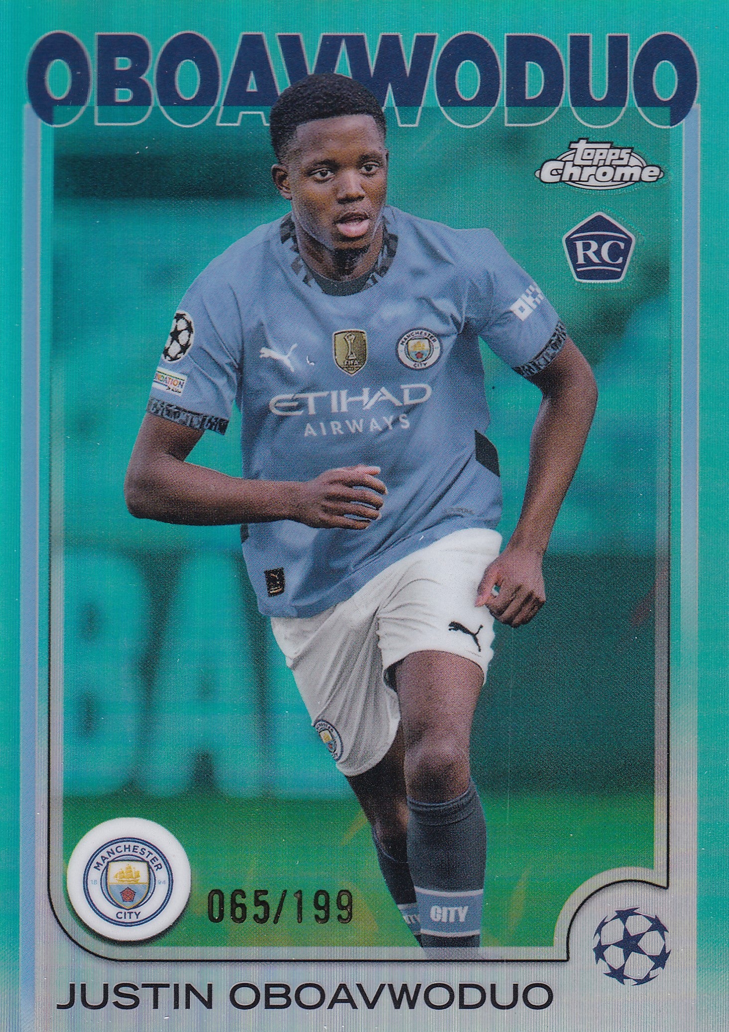 144. JUSTIN OBOAVWODUO - MANCHESTER CITY - ROOKIE CARD - AQUA LAVA /199