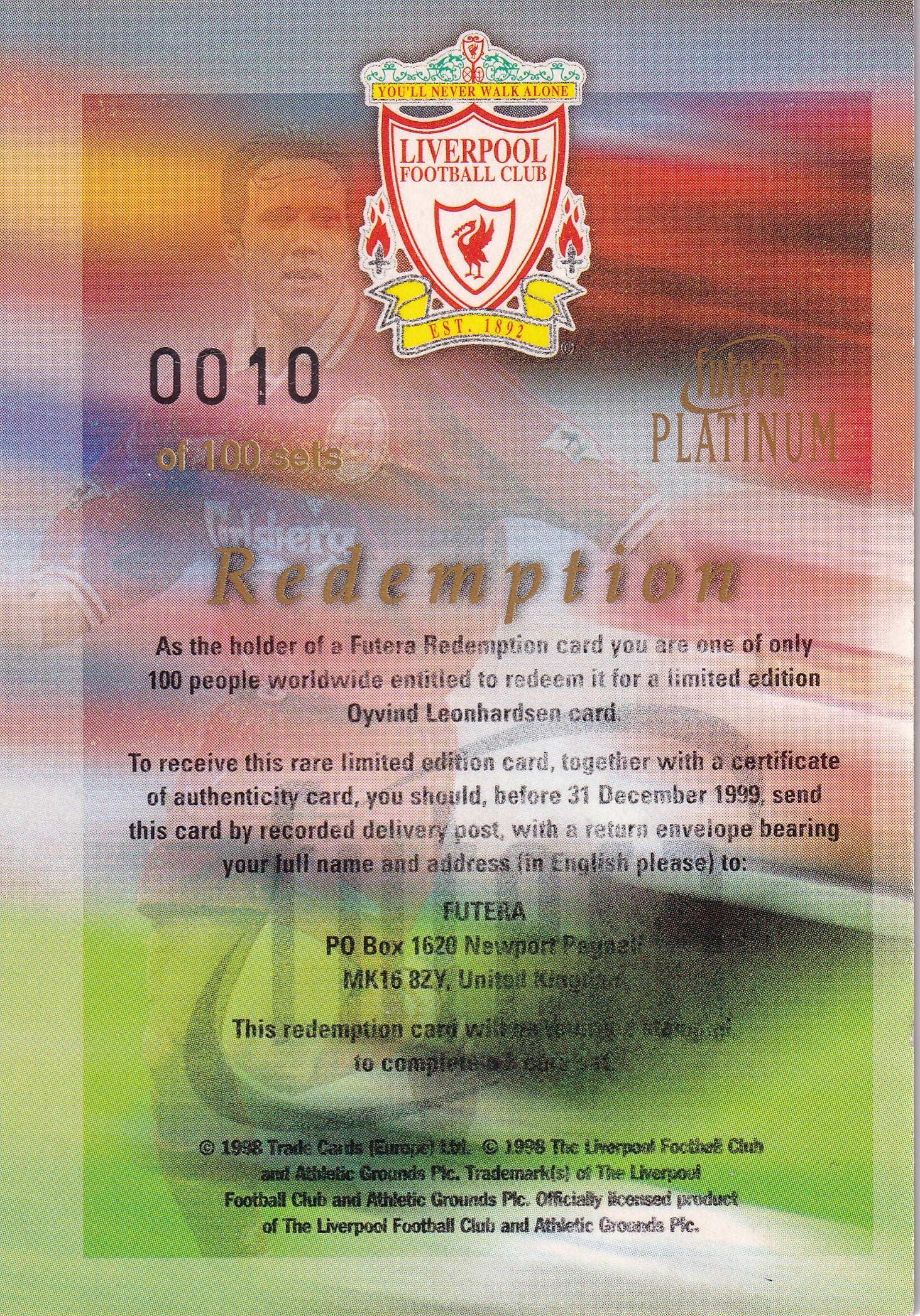 OYVIND LEONHARDSEN - REDEMPTION CARD - REEMED CARD - CERTIFICATION #0010