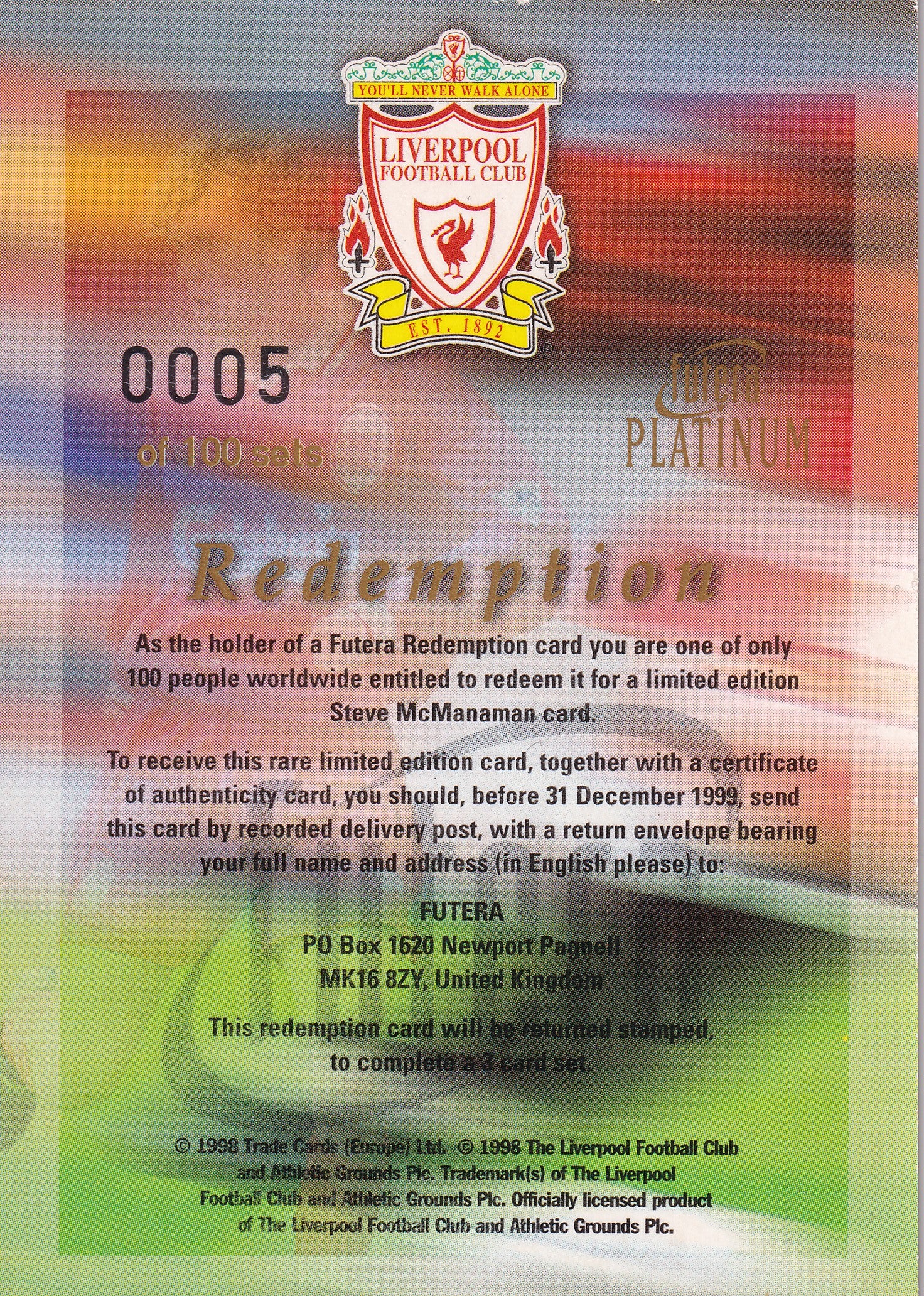 STEVE McMANAMAN - REDEMPTION CARD - REEMED CARD - CERTIFICATION #0005