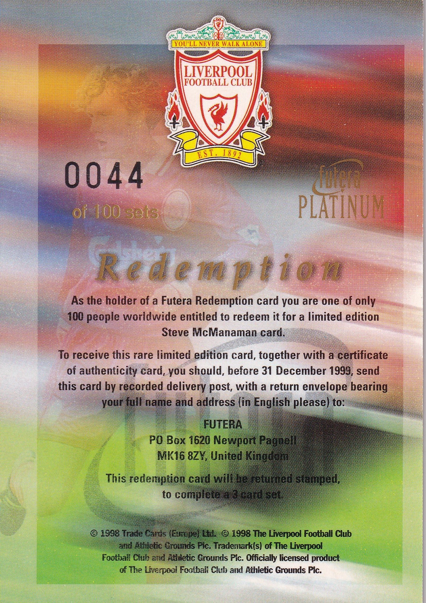 STEVE McMANAMAN - REDEMPTION CARD - REEMED CARD - CERTIFICATION #0044