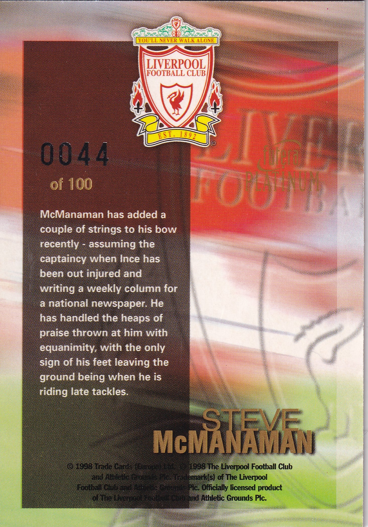 STEVE McMANAMAN - REDEMPTION CARD - REEMED CARD - CERTIFICATION #0044