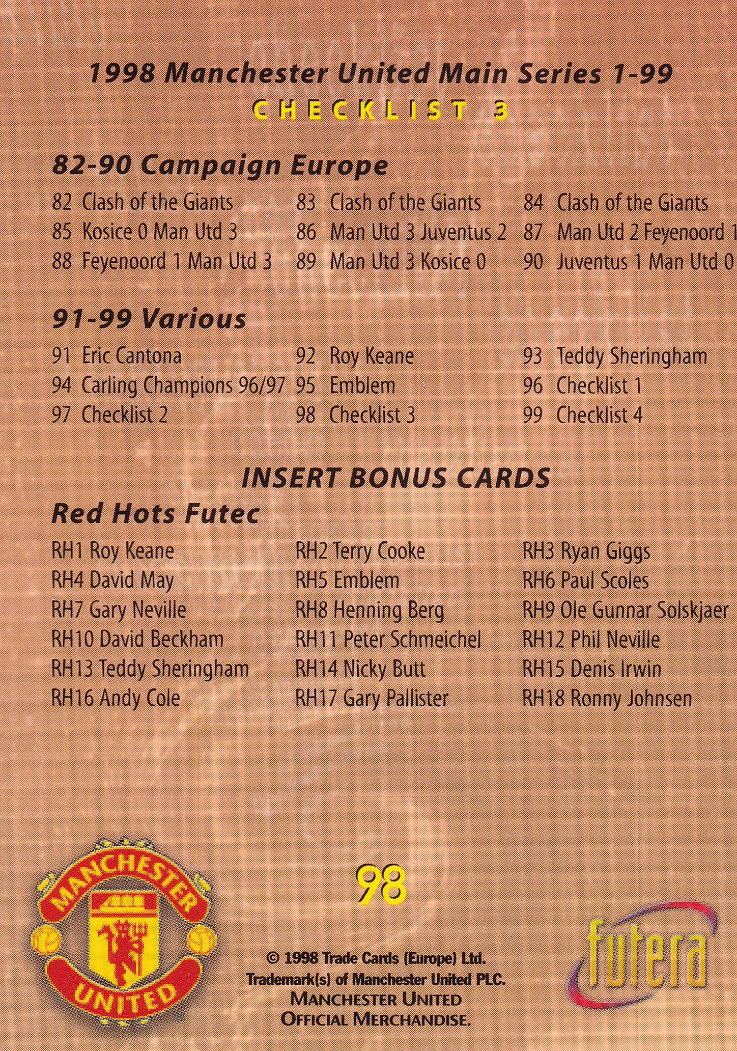 098. MANCHESTER UNITED - CHECKLIST 3 - 82 - RH18