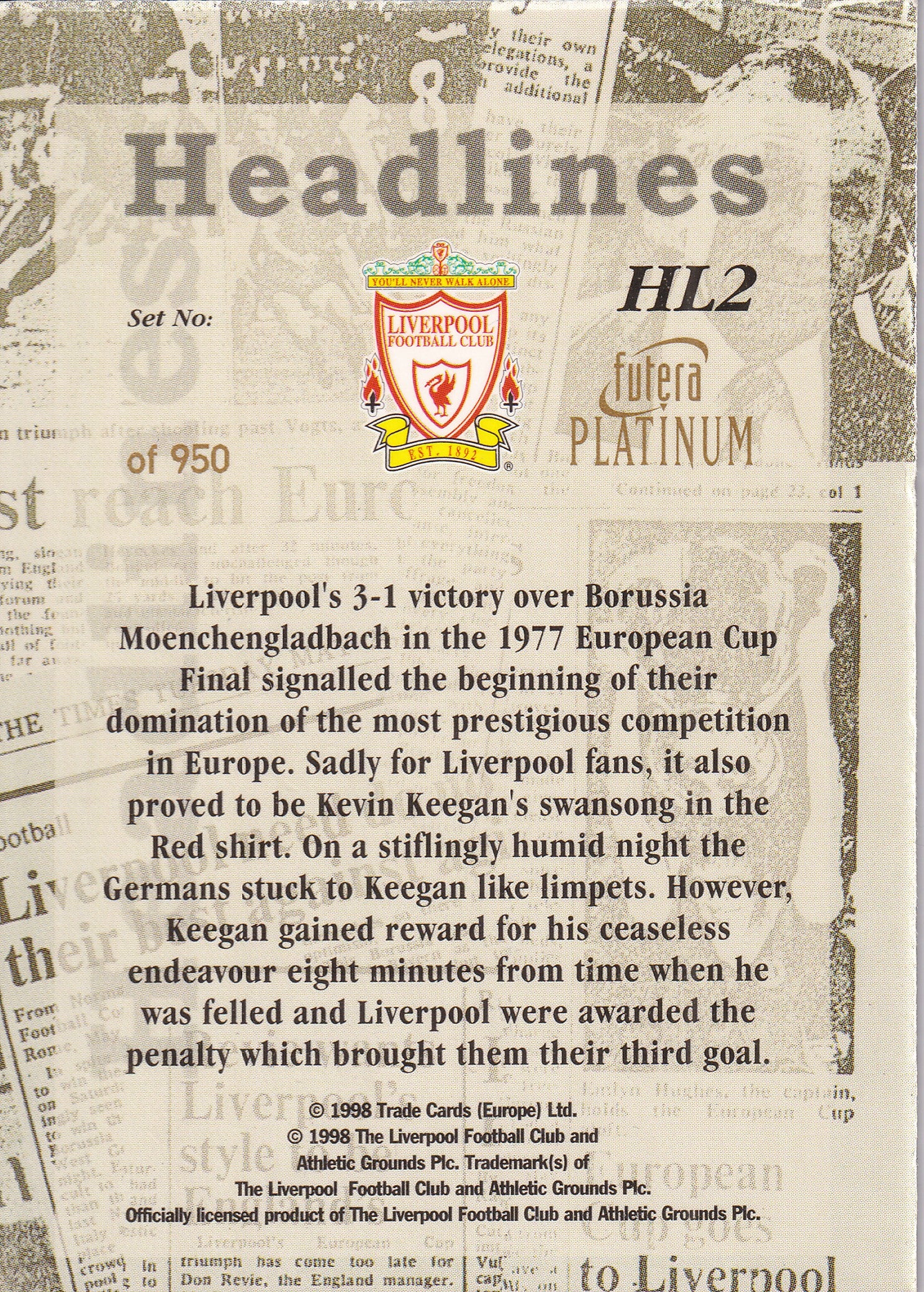 HL2. KEVIN KEEGAN - LIVERPOOL - HEADLINES /950