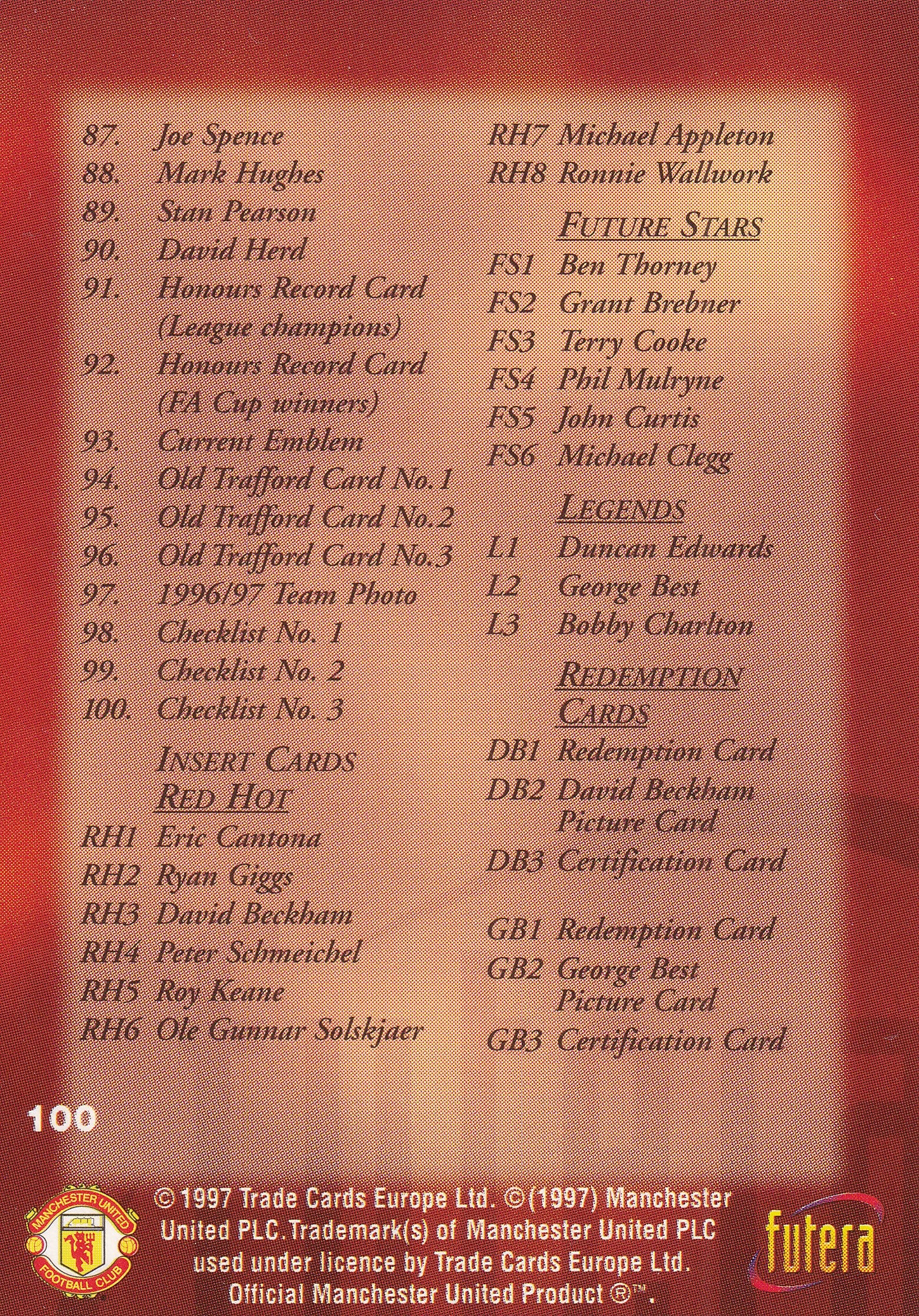 100. MANCHESTER UNITED - CHECKLIST NO.3