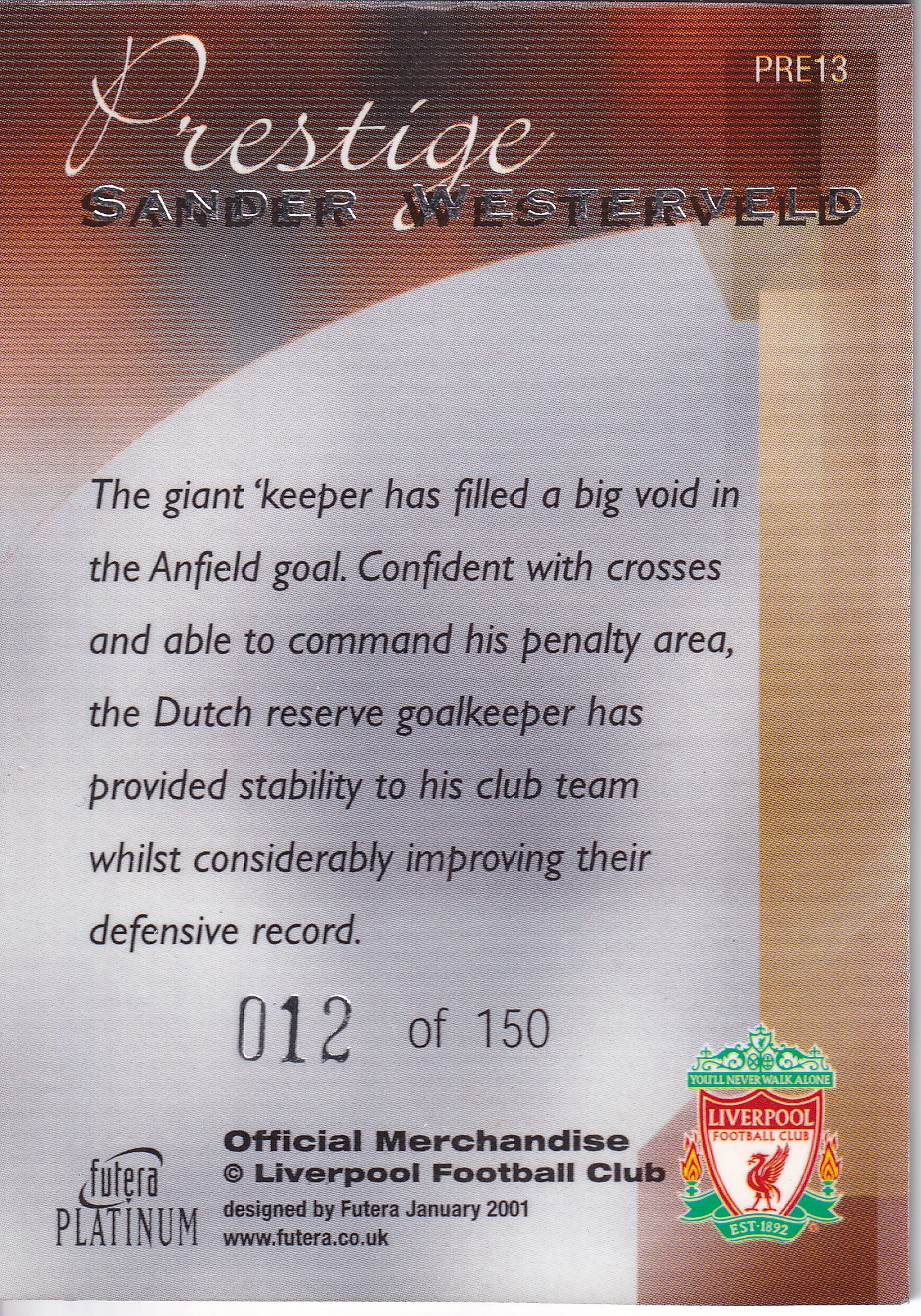 PR-13. SANDER WESTERVELD - LIVERPOOL - PRESTIGE 012/150