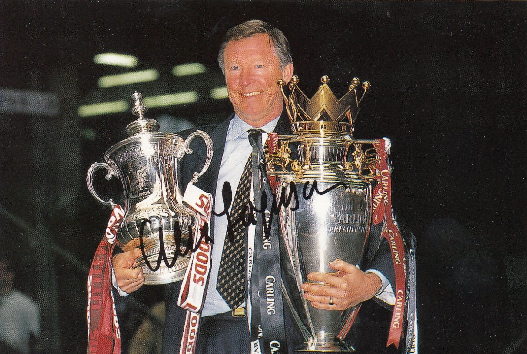 115. SIR ALEX FERGUSON WITH F.A. CUP AND PREMIER LEAGUE TROPHY