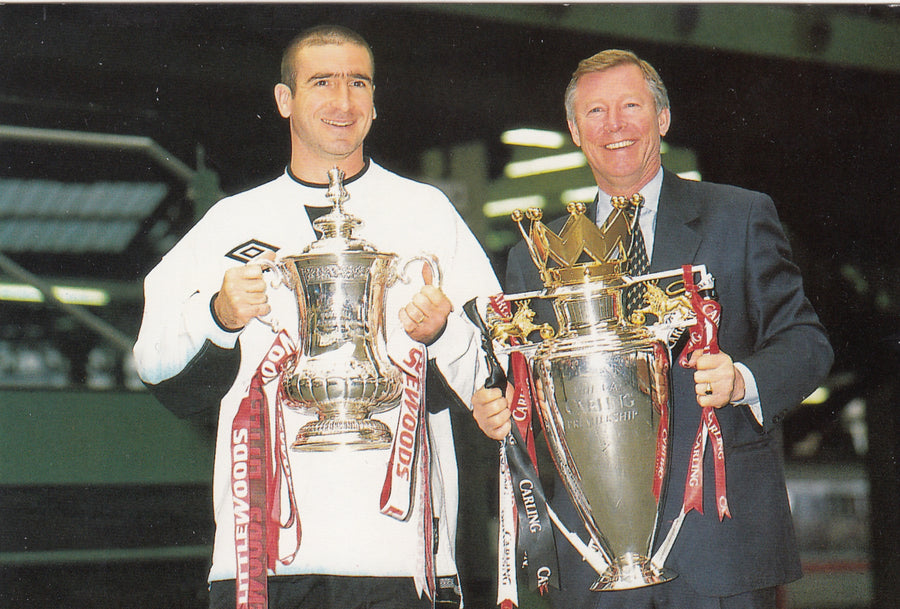 116. ERIC CANTONA & SIR ALEX FERGUSON WITH F.A. CUP AND PREMIER LEAGUE TROPHY