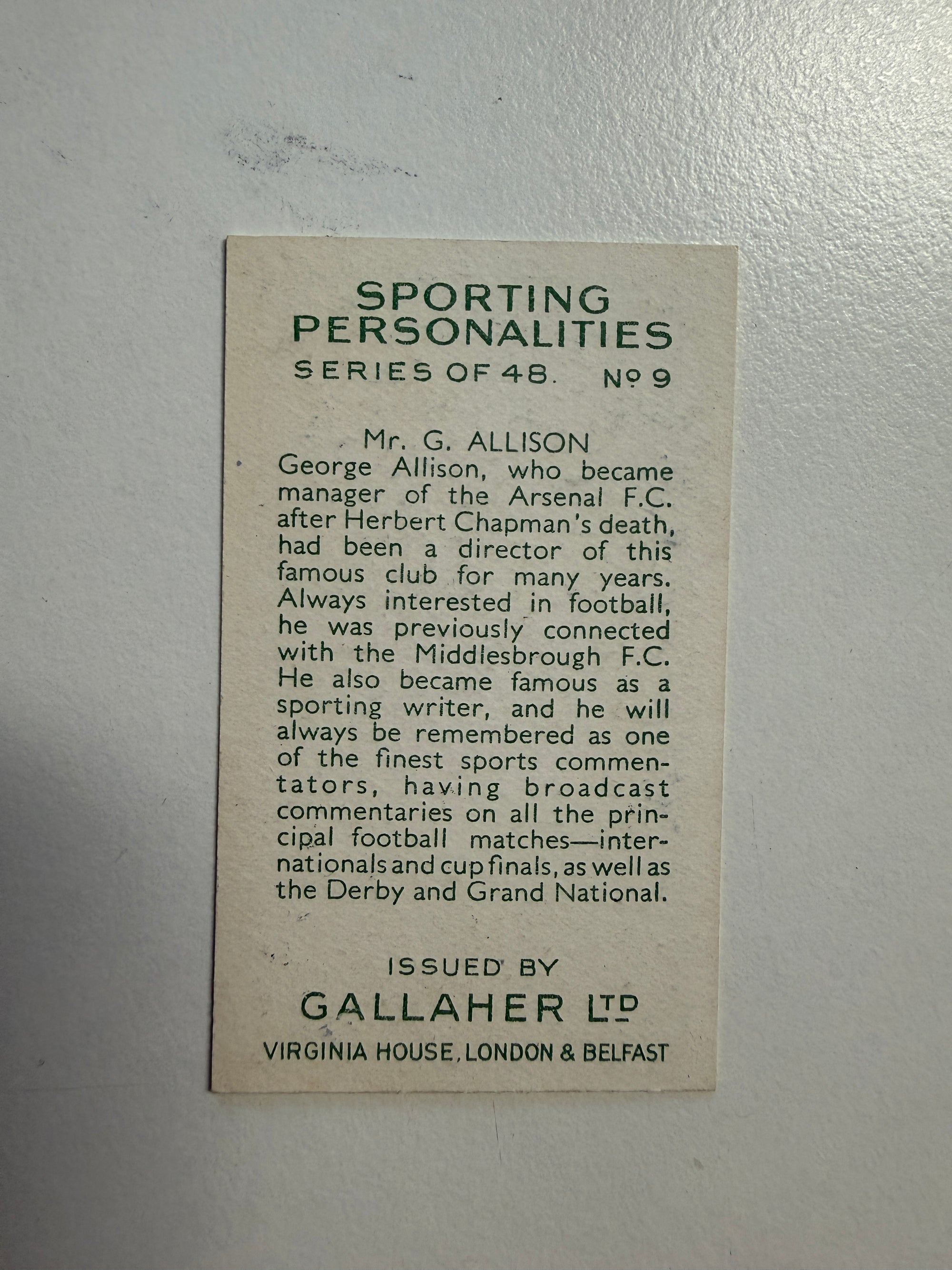 1936 - G. ALLISON - ARSENAL - VINTAGEKORT