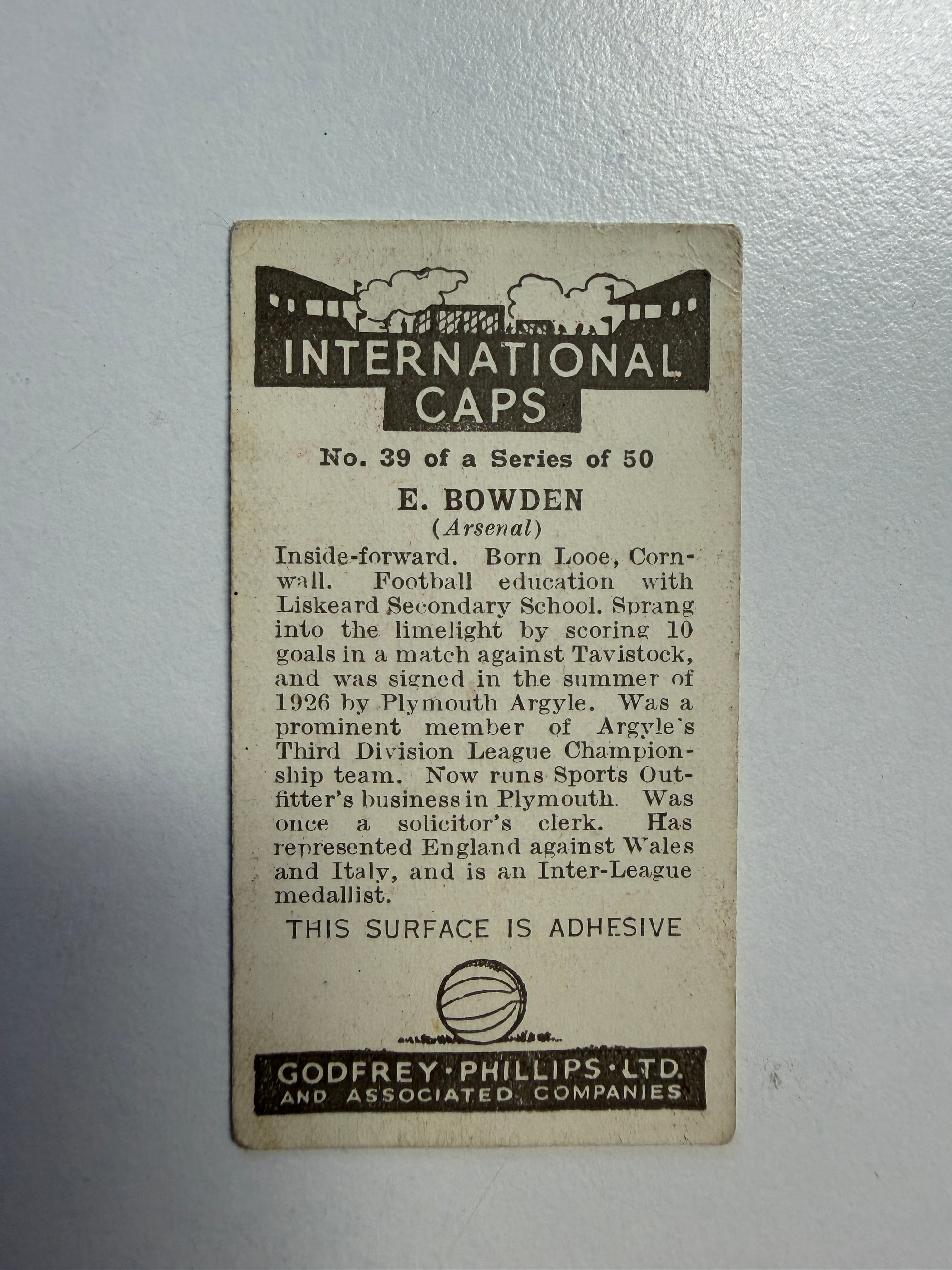 1936 - E. BOWDEN - ARSENAL - VINTAGEKORT