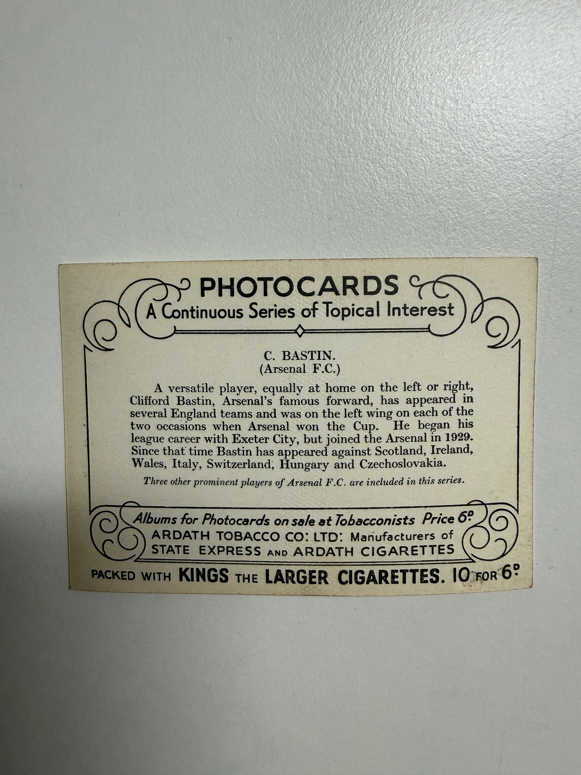 1939 - C. BASTIN - ARSENAL - VINTAGEKORT