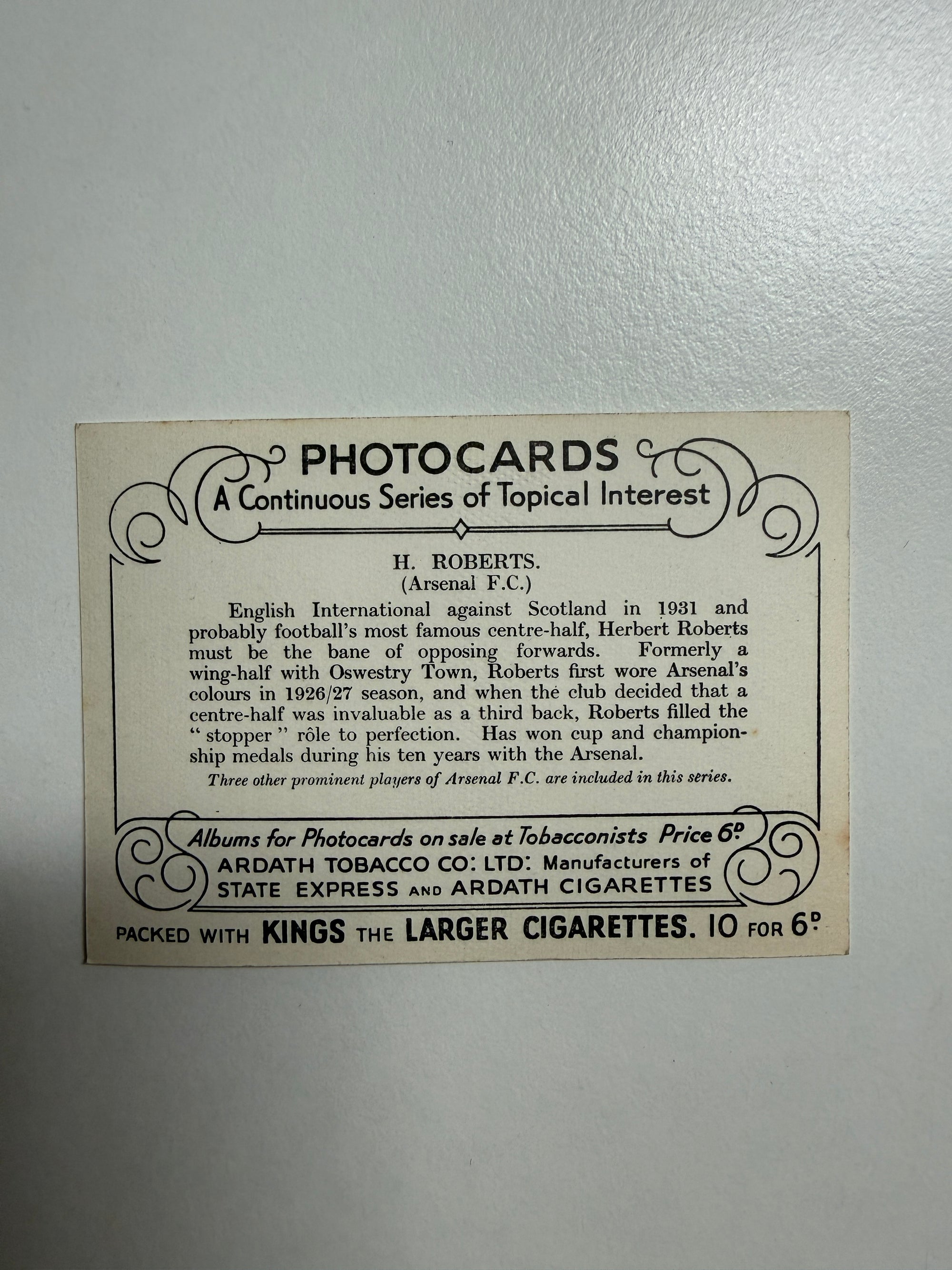 1939 - H. ROBERTS - ARSENAL - VINTAGEKORT