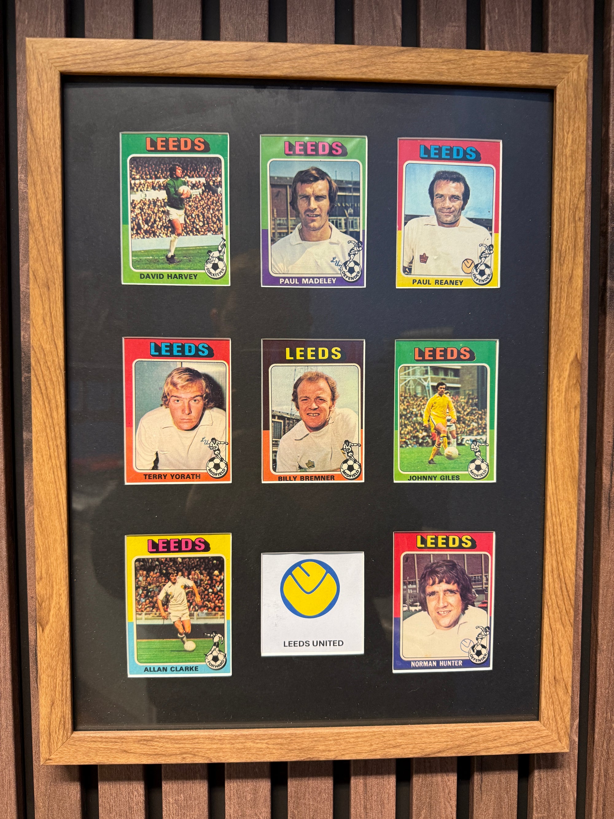 LEEDS UNITED FOTBALLKORT MONTAGE - TOPPS 1975/76 RED/GRAY BACKS - FERDIG INNRAMMET