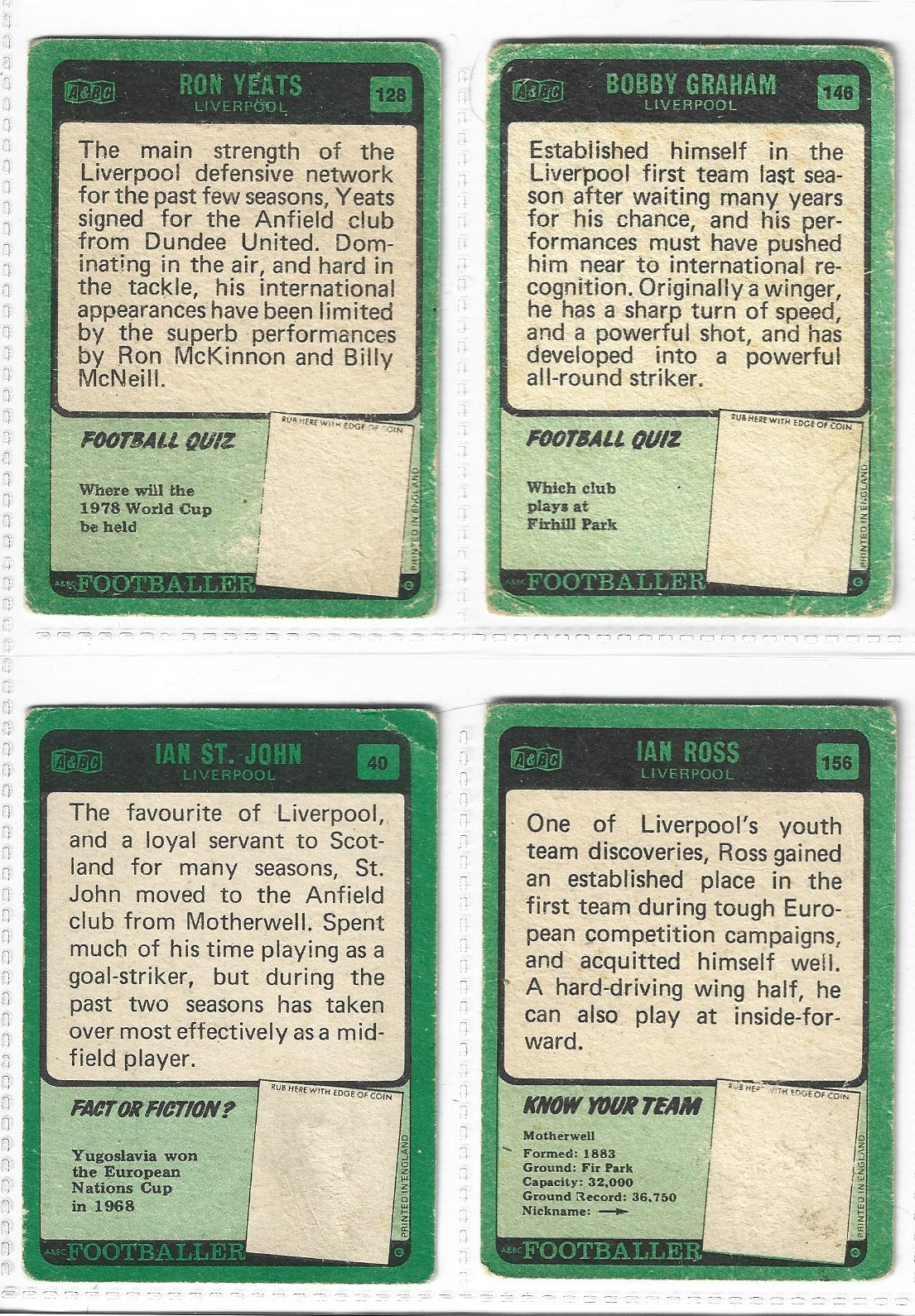 4 STK LIVERPOOL FOTBALLKORT FRA - Scottish A&BC set 1970/71 - Footballer - Green backs