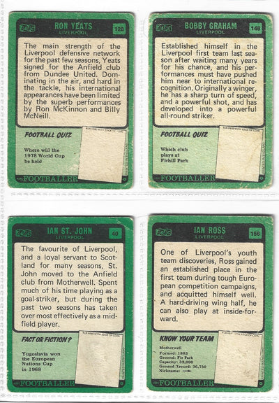4 STK LIVERPOOL FOTBALLKORT FRA - Scottish A&BC set 1970/71 - Footballer - Green backs