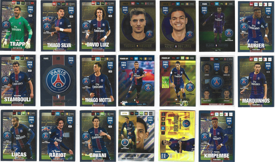 000. PARIS SAINT-GERMAIN - KOMPLETT SETT MED TEAM MATES, BADGE, INSERTS, UPDATE & LIMITED EDITION - PANINI FIFA 365 2017