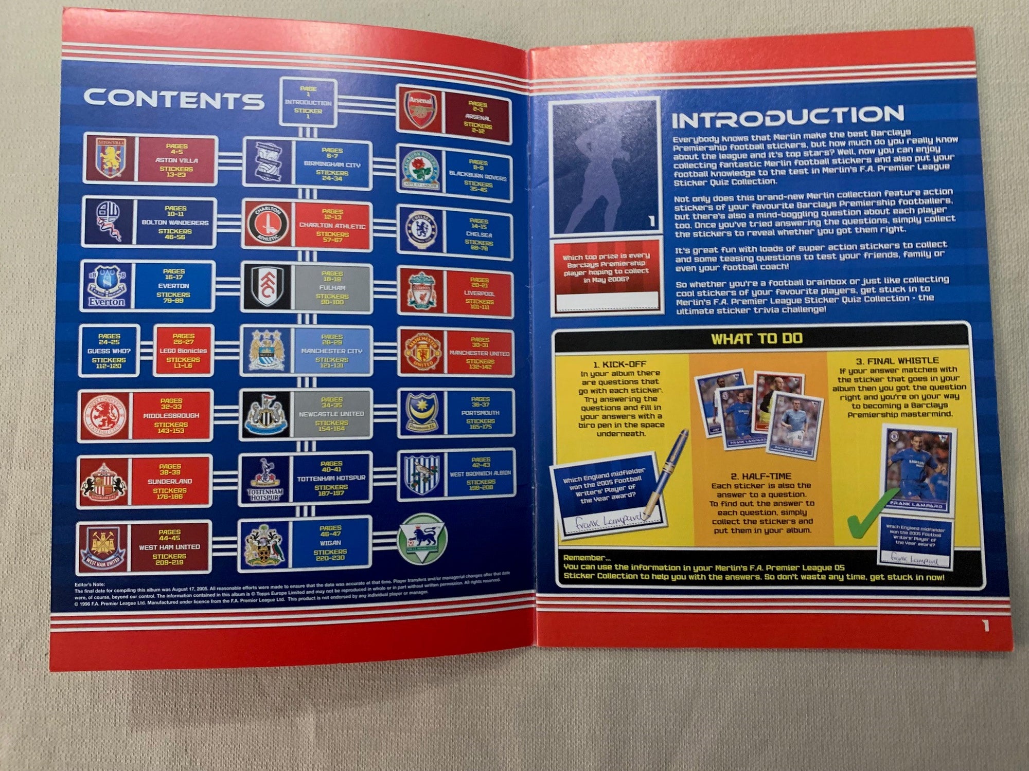 MERLIN`S - F.A. PREMIER LEAGUE - STICKER QUIZ COLLECTION  - STICKER ALBUM