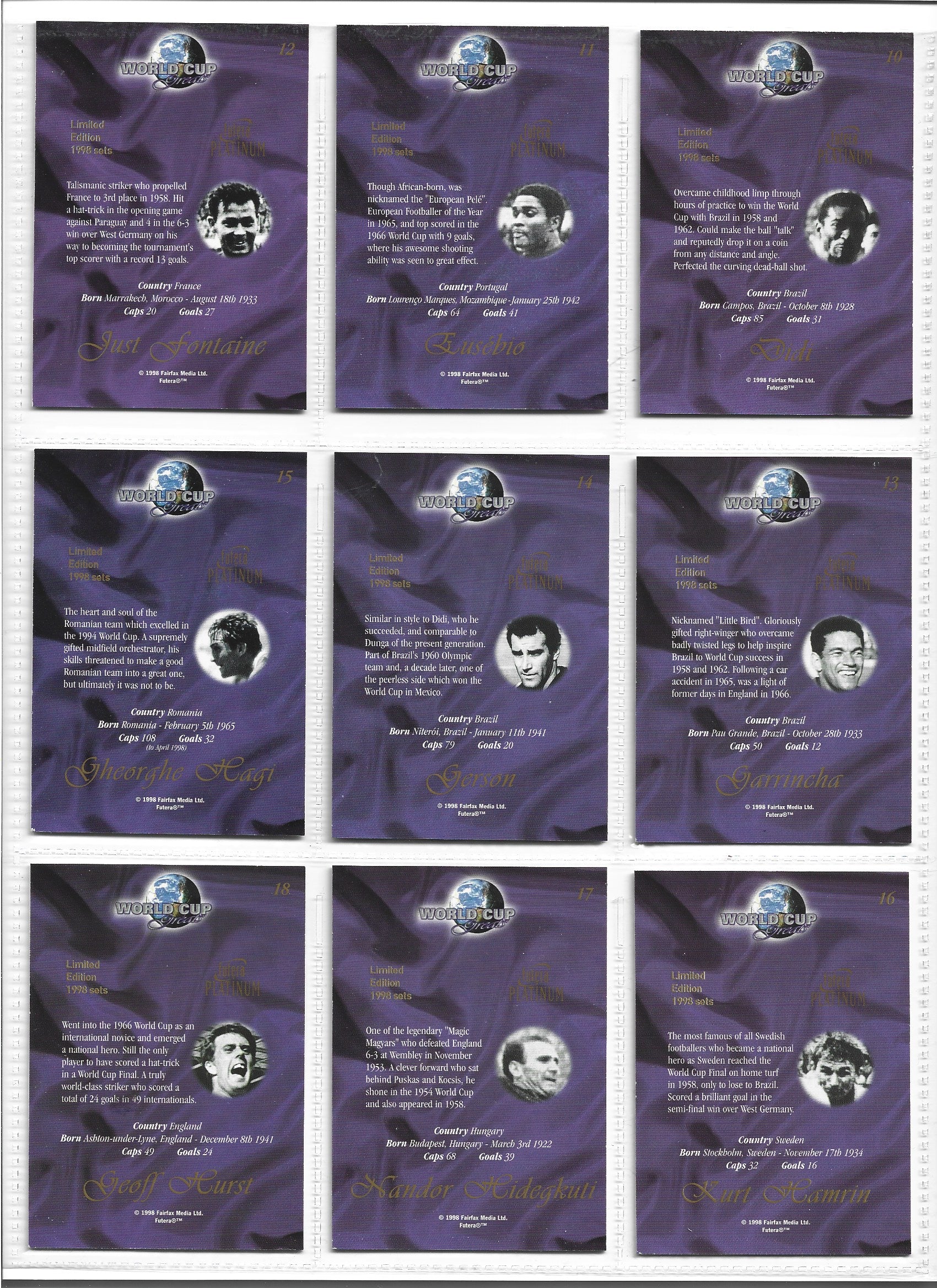 FUTERA PLATINUM WORLD CUP GREATS 1998