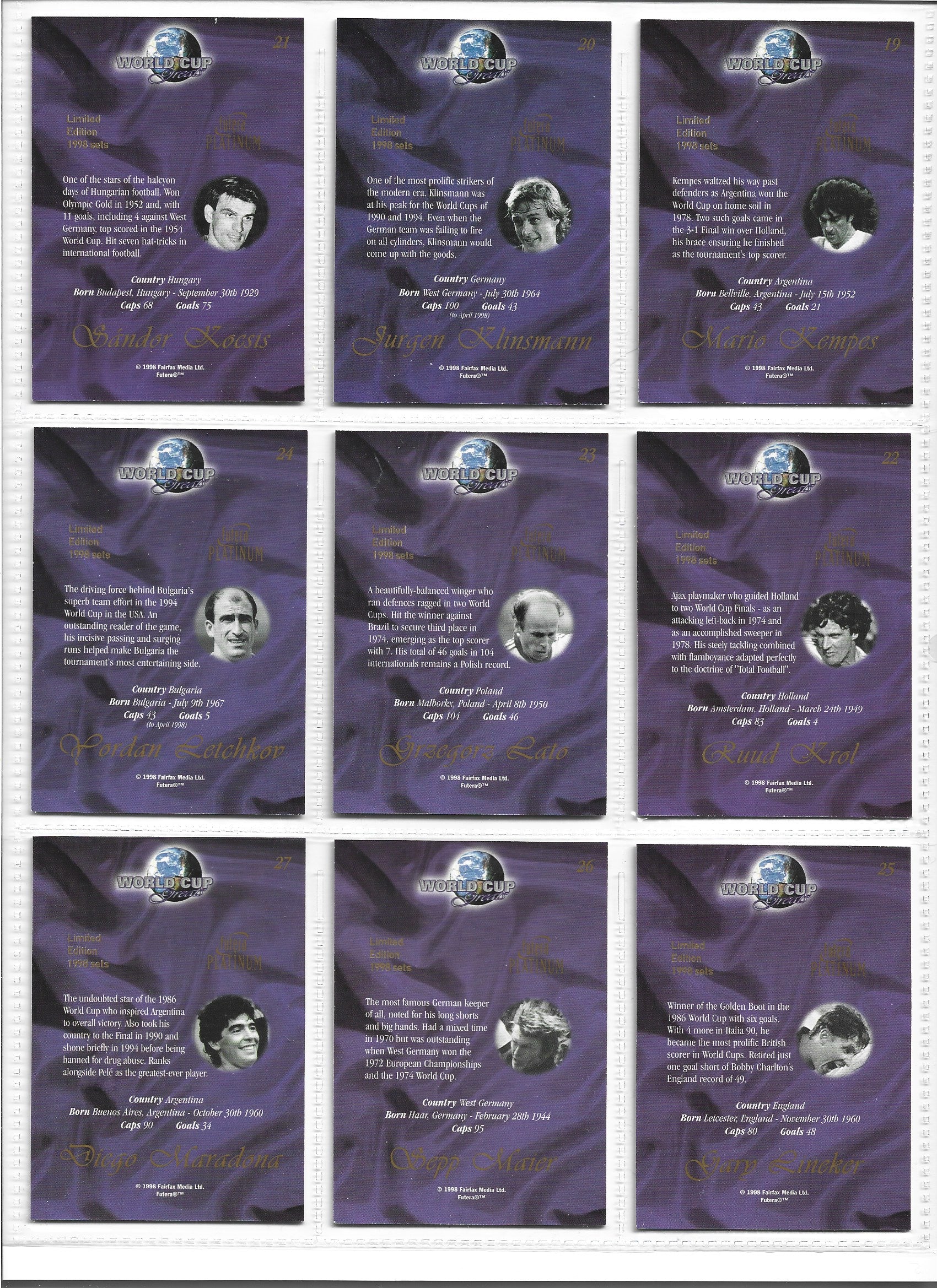 FUTERA PLATINUM WORLD CUP GREATS 1998