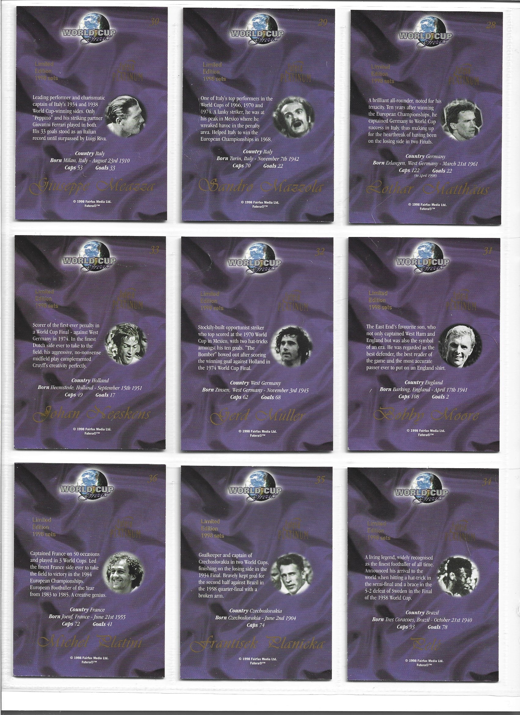 FUTERA PLATINUM WORLD CUP GREATS 1998