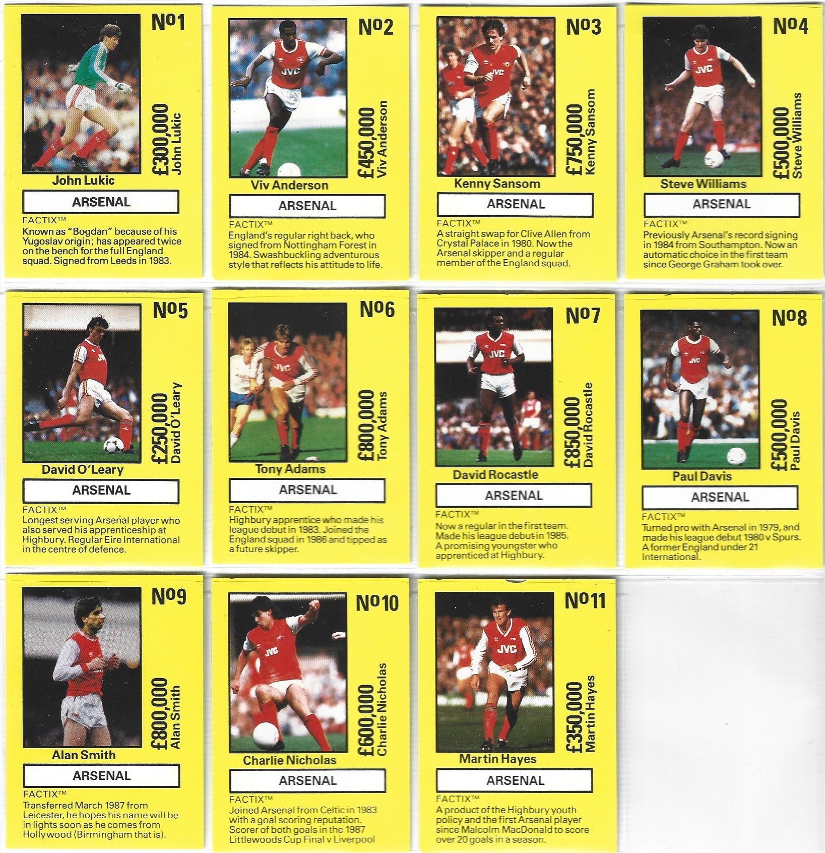 ARSENAL - KOMPLETT SETT MED FACTIX EMLYN HUGHES TEAM TACTIX - 1986