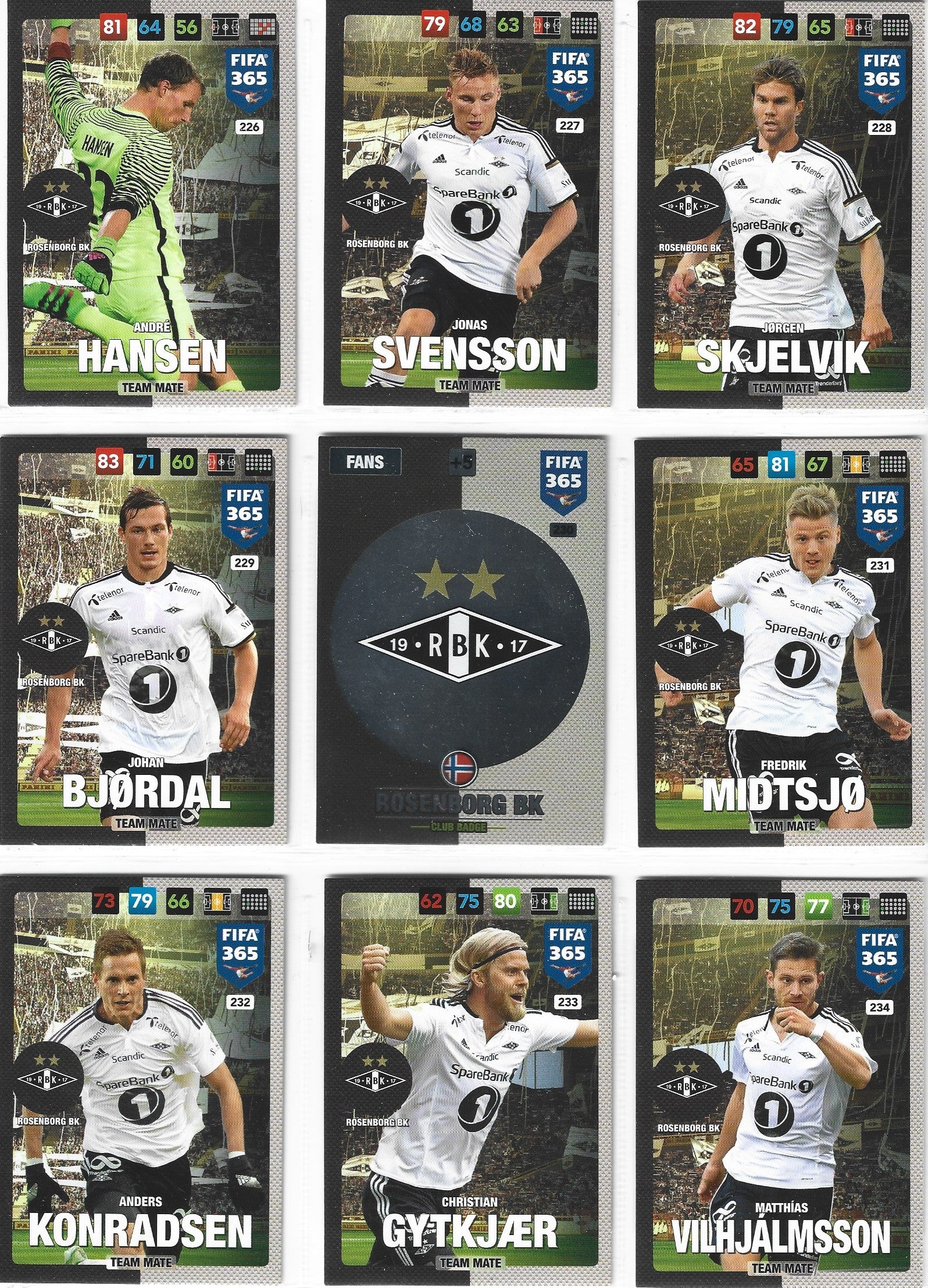 000. ROSENBORG BK - KOMPLETT SETT MED TEAM MATES & BADGE - PANINI FIFA 365 2017