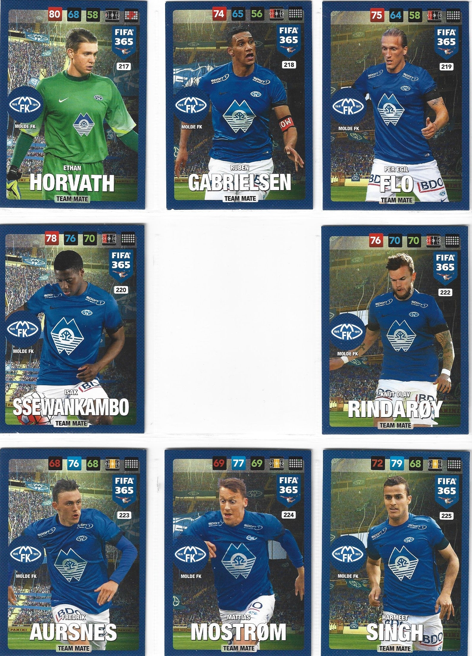 000. MOLDE FK - KOMPLETT SETT MED TEAM MATES - PANINI FIFA 365 2017 - UTEN BADGE