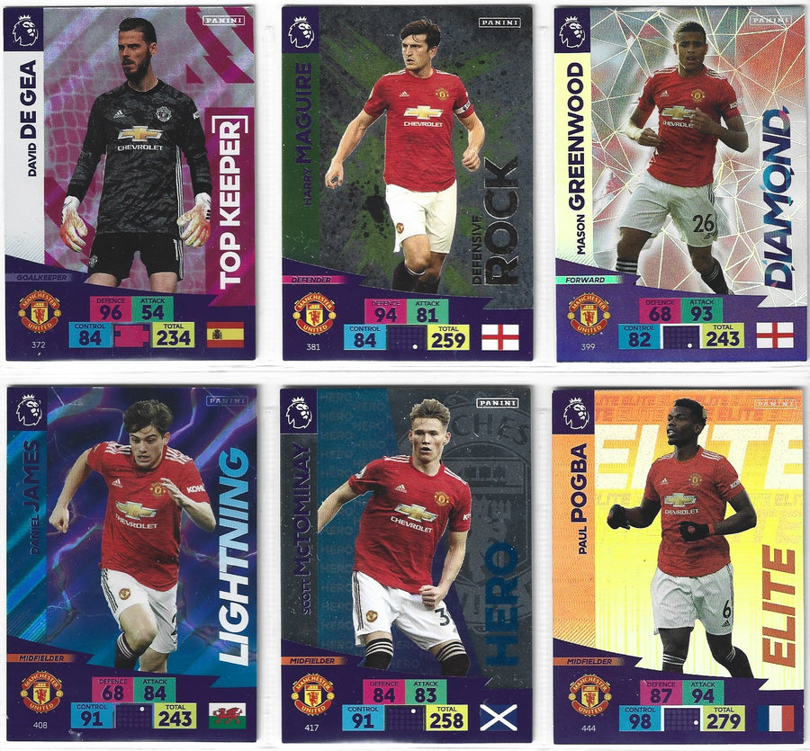 000. MANCHESTER UNITED KOMPLETT SETT MED "SPESIALKORT" PANINI ADRENALYN PREMIER LEAGUE 2020/21