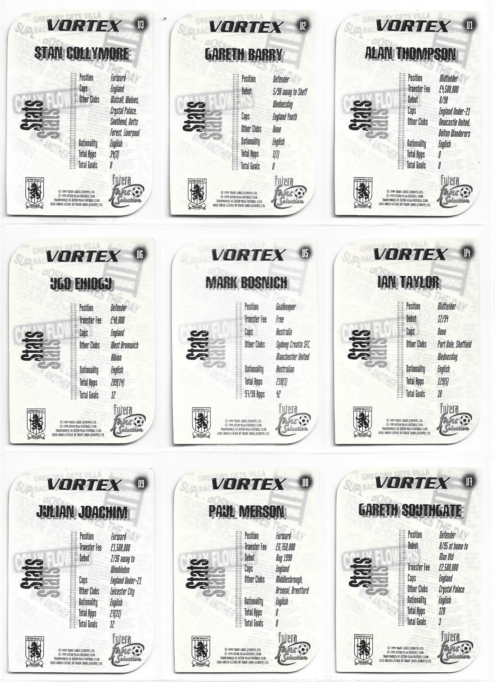 ASTON VILLA - KOMPLETT SETT - FUTERA VORTEX CROME DIE-CUT 1999