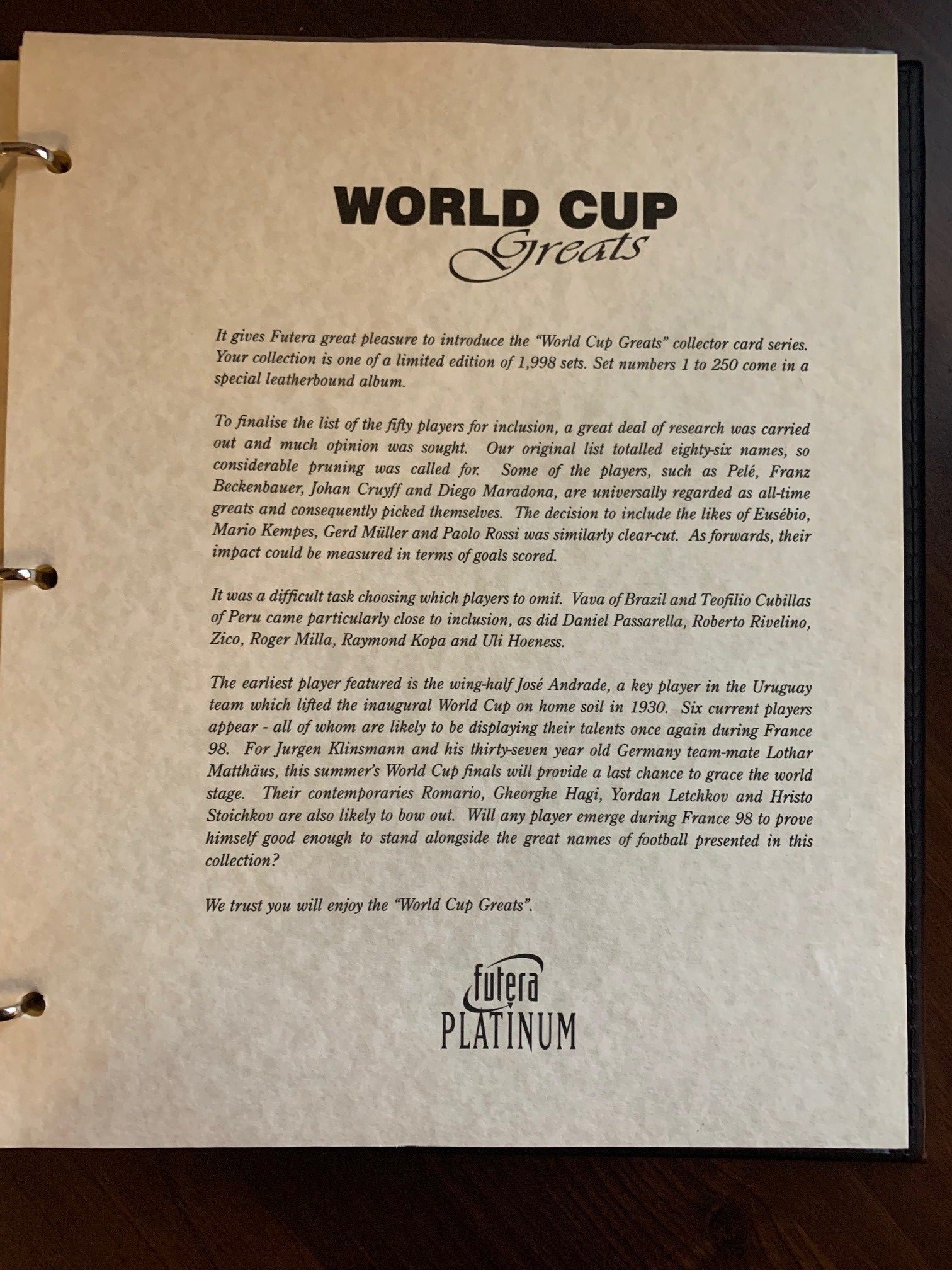 FUTERA PLATINUM WORLD CUP GREATS 1998