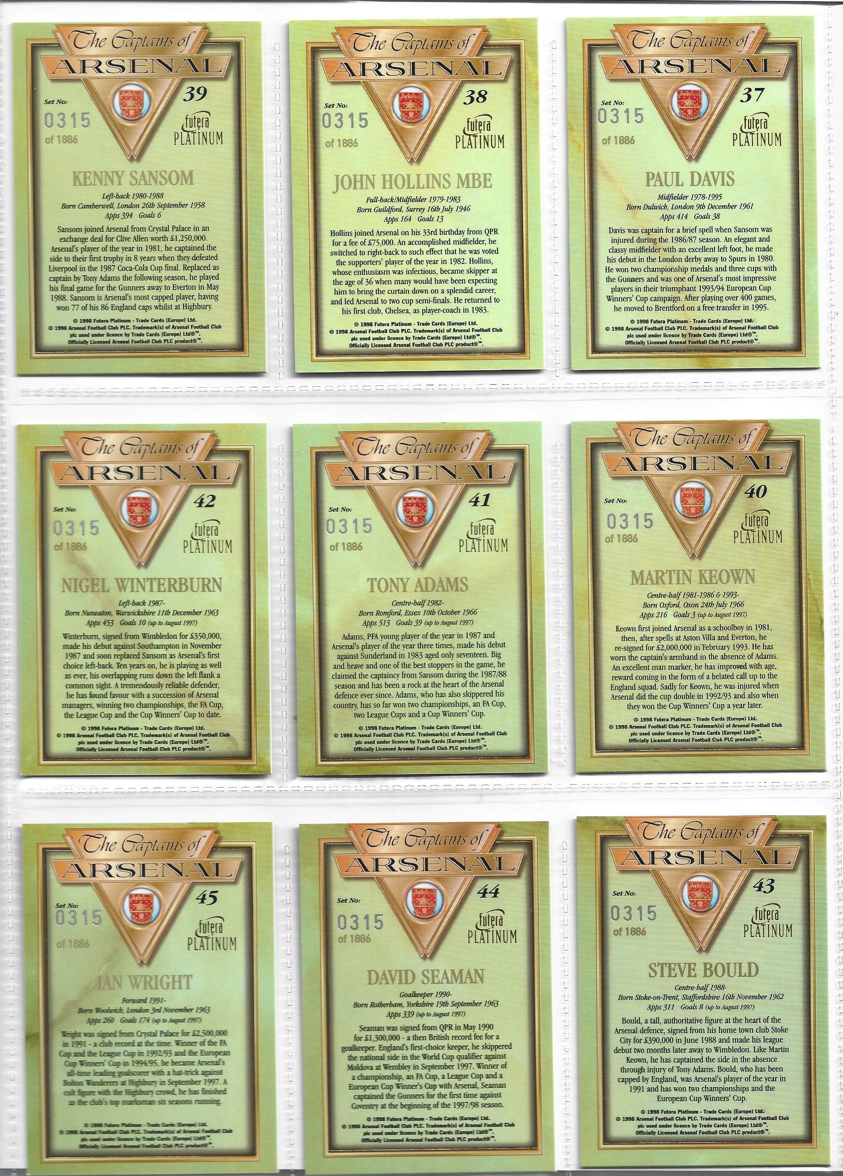 THE CAPTAINS OF ARSENAL - KOMPLETT SETT MED FUTERA PLATINUM 1998