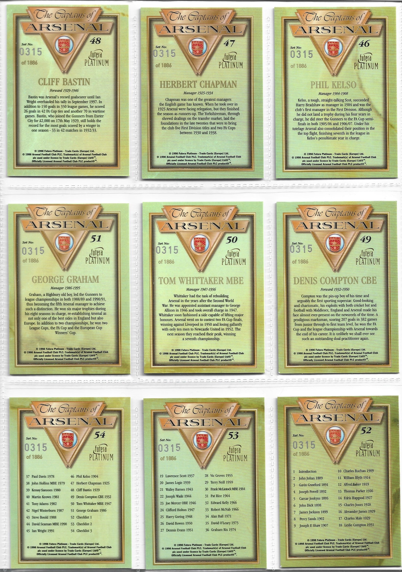 THE CAPTAINS OF ARSENAL - KOMPLETT SETT MED FUTERA PLATINUM 1998