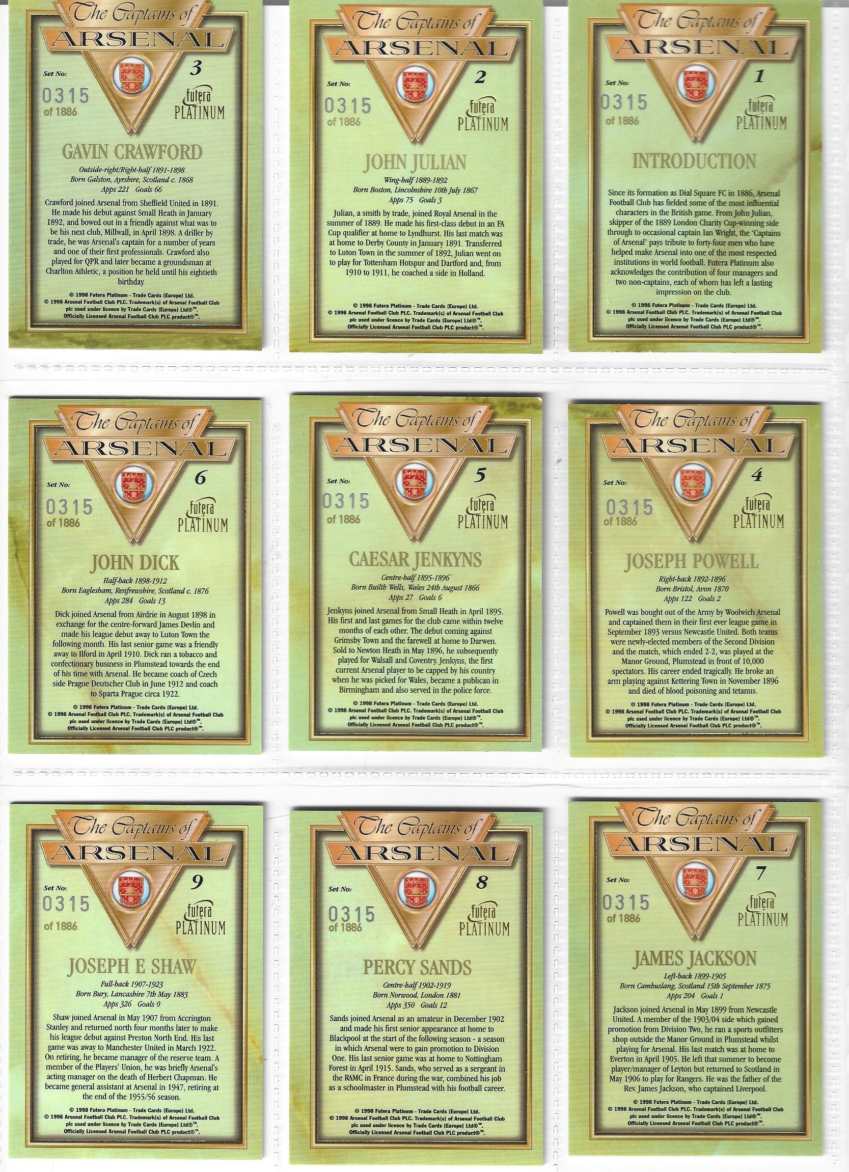 THE CAPTAINS OF ARSENAL - KOMPLETT SETT MED FUTERA PLATINUM 1998