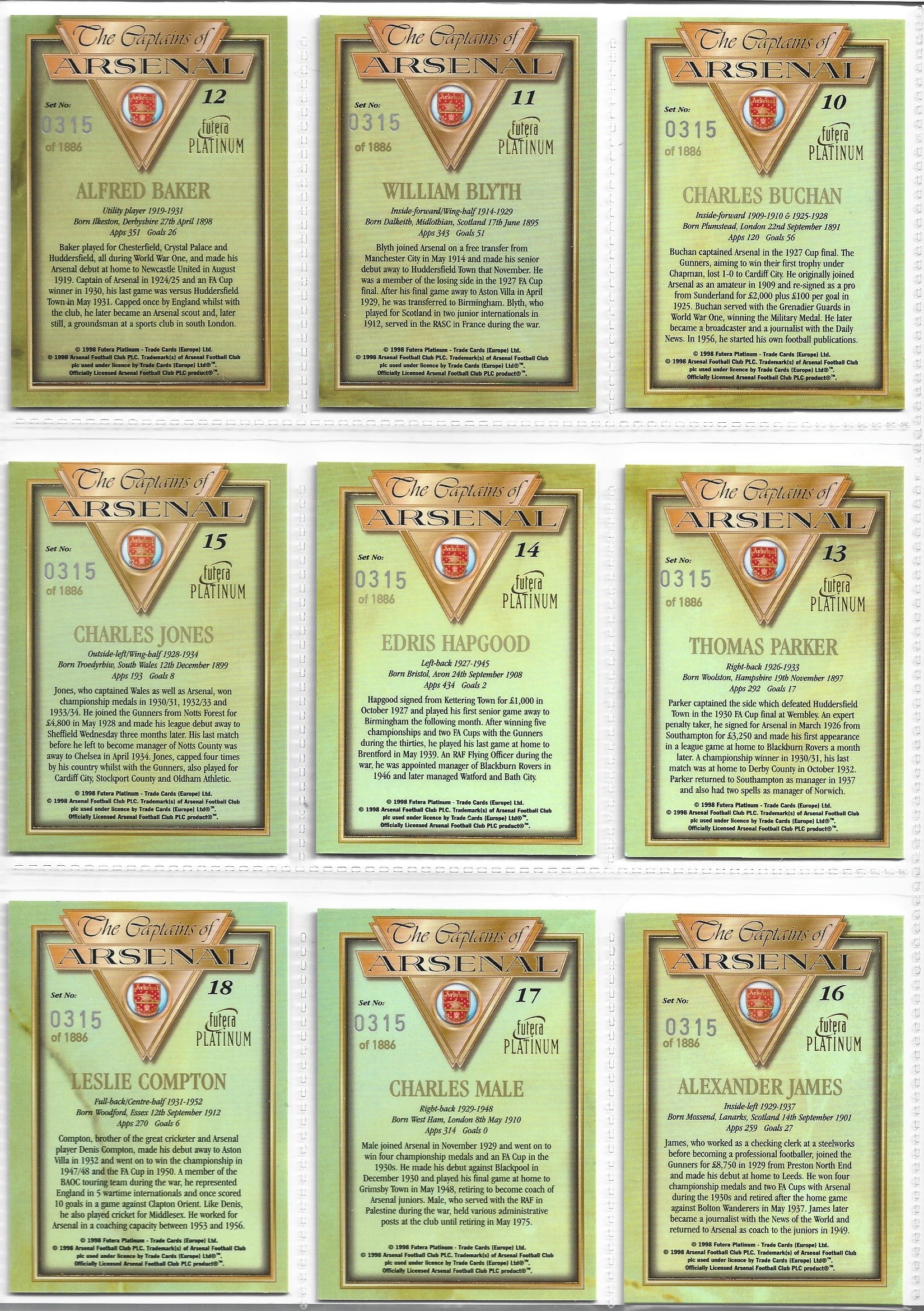 THE CAPTAINS OF ARSENAL - KOMPLETT SETT MED FUTERA PLATINUM 1998